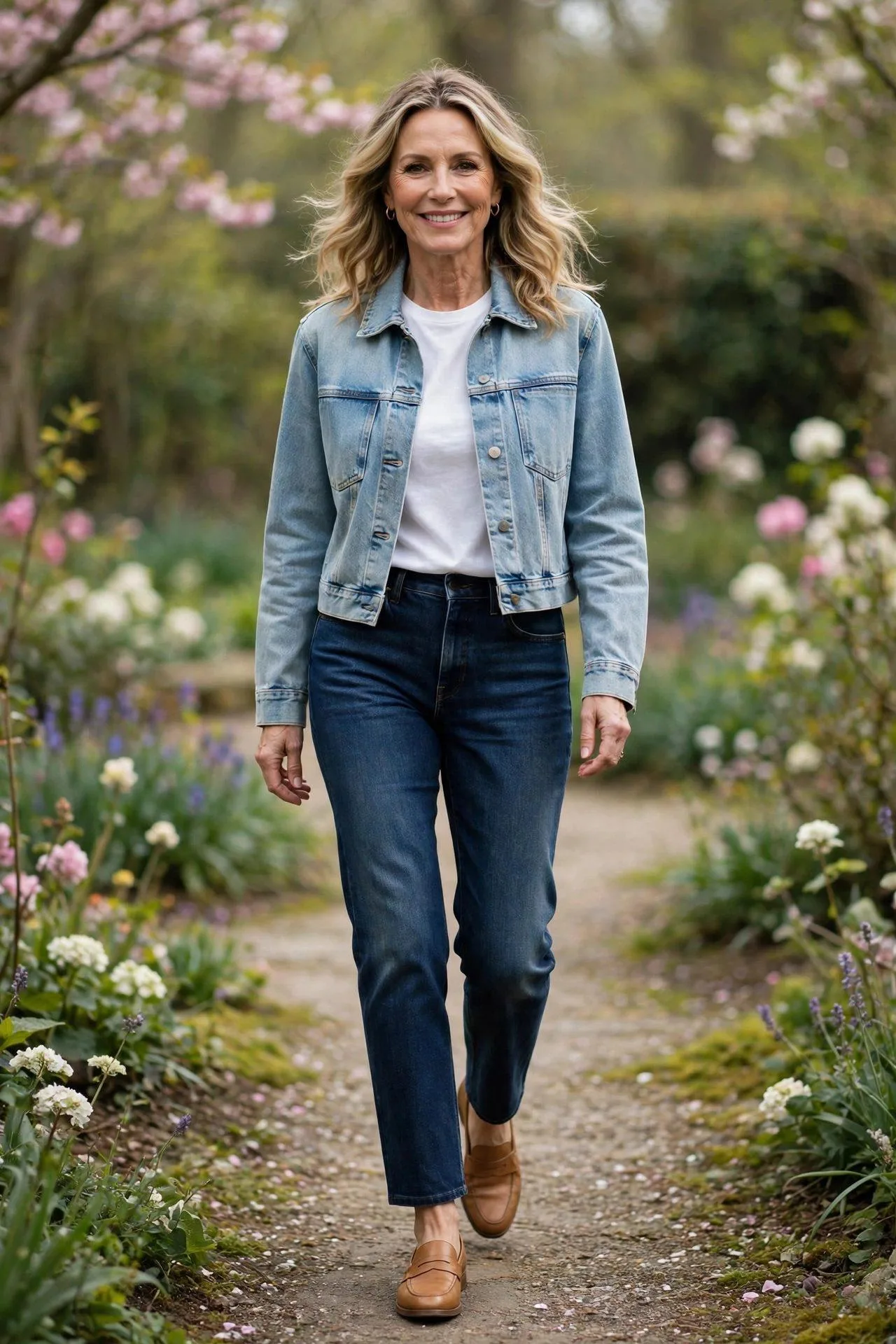 Smiling mature woman in contrasting double-denim jeans outfit with tan loafers in garden