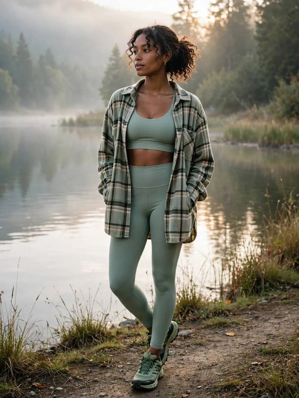 Woman in matching sage athleisure set with plaid shacket by a lake.