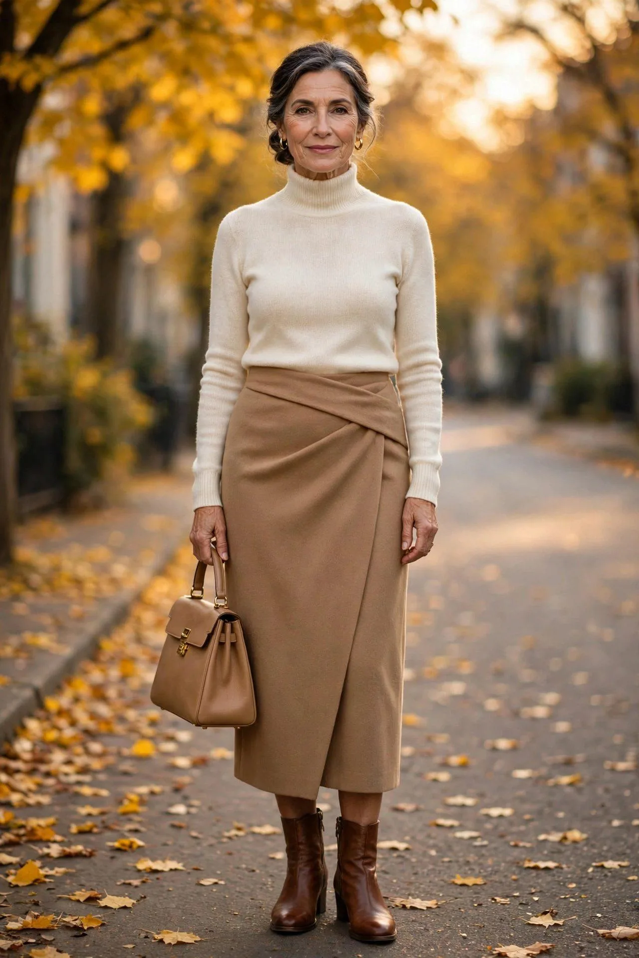 Elegant older woman in camel wrap skirt and cream turtleneck sweater.