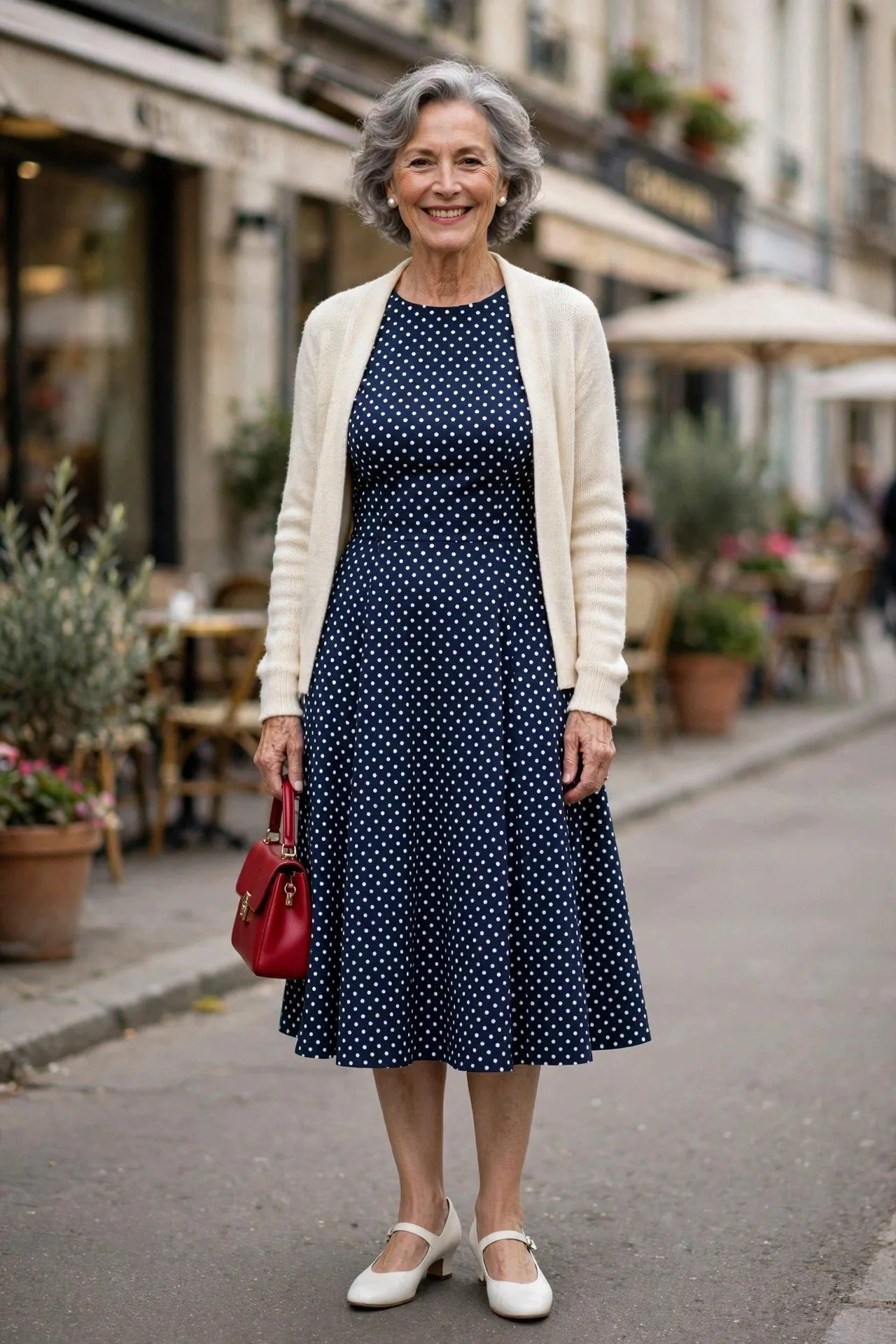 Delightful older woman in a navy-and-white polka dot dress, cream cardigan, and cherry-red bag on a sunny street.