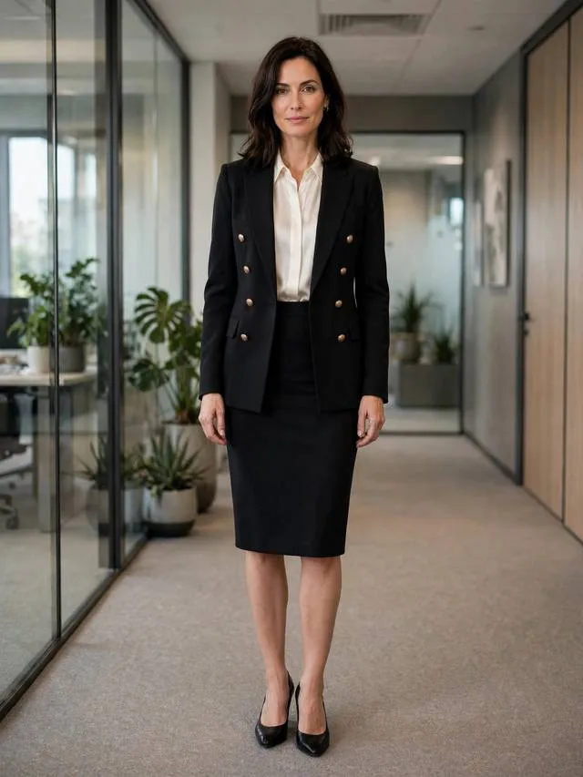 Double-breasted black blazer with pencil skirt, silk blouse and classic pumps.