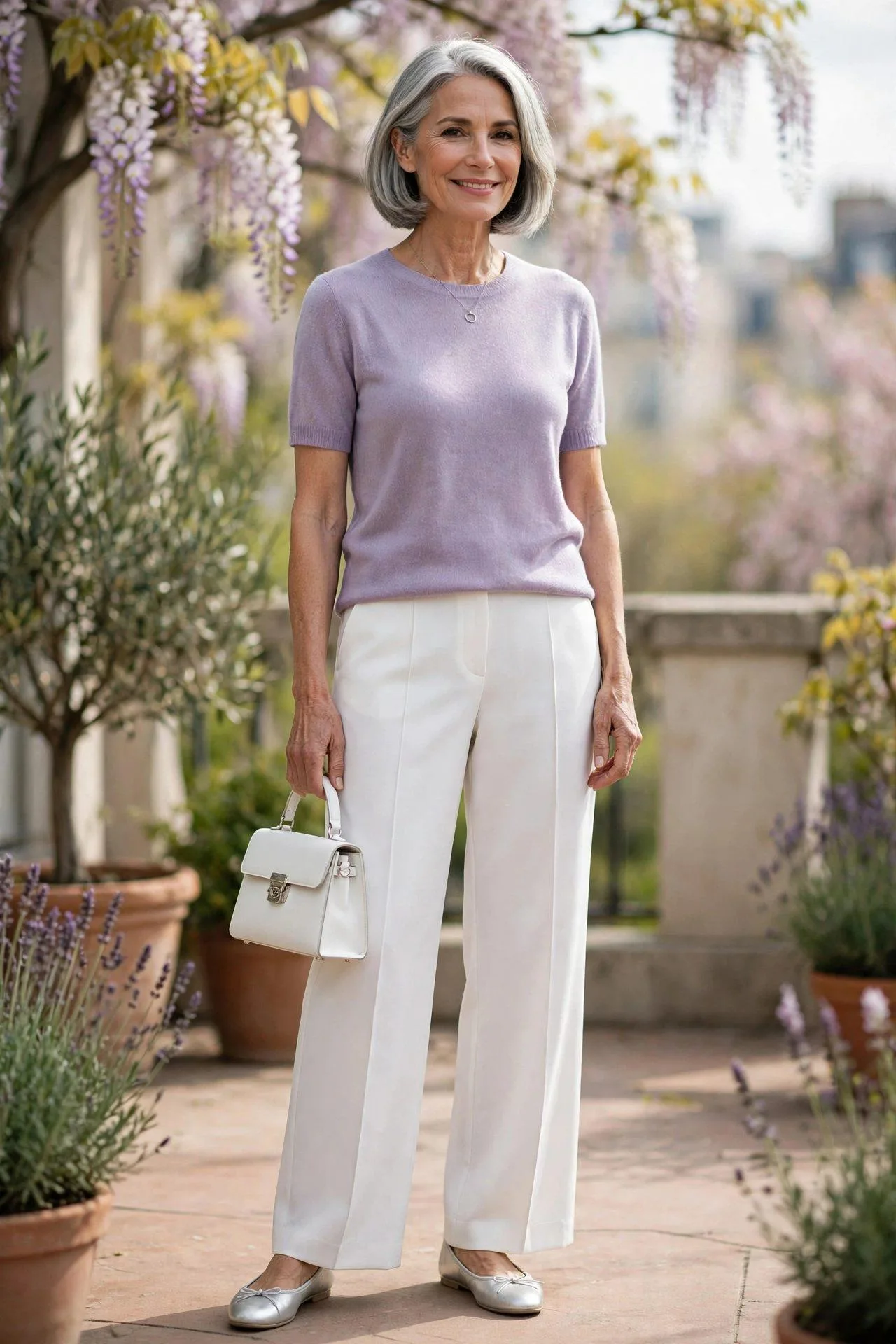 Woman in her late 50s in a soft lavender short-sleeve knit top with crisp white wide-leg trousers, silver flats, a pendant necklace and a white structured handbag.