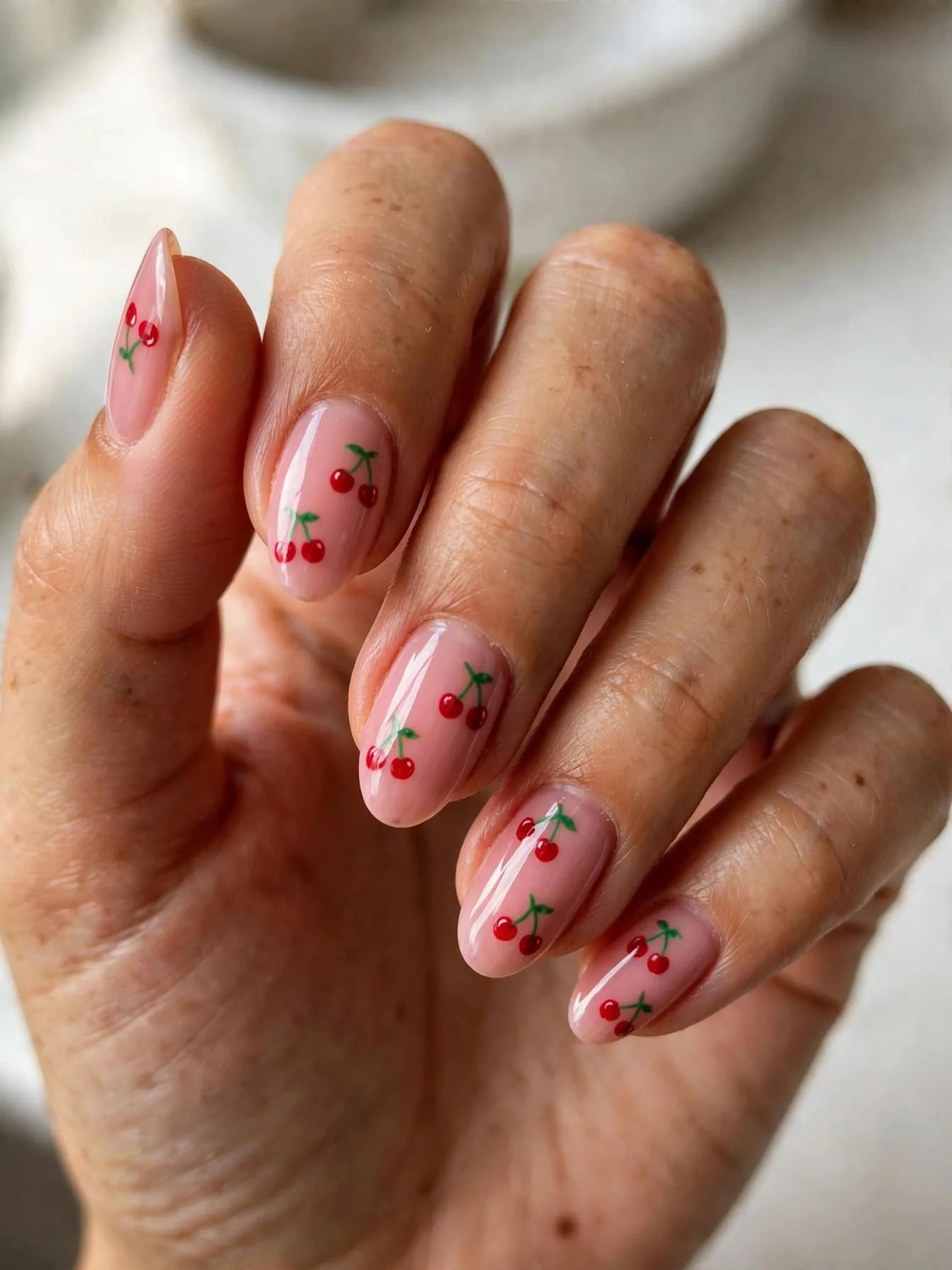 Pink almond nails painted with small red cherries and delicate stems.