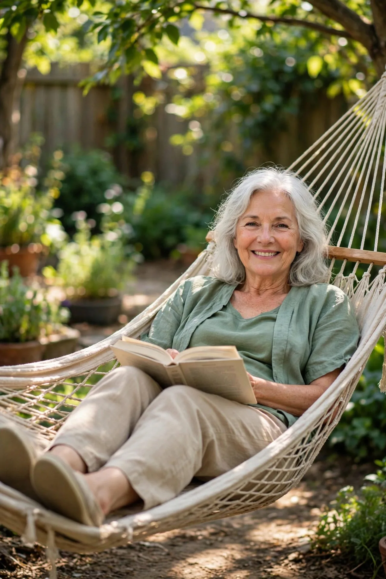 Senior woman relaxing in garden with book and lemonade