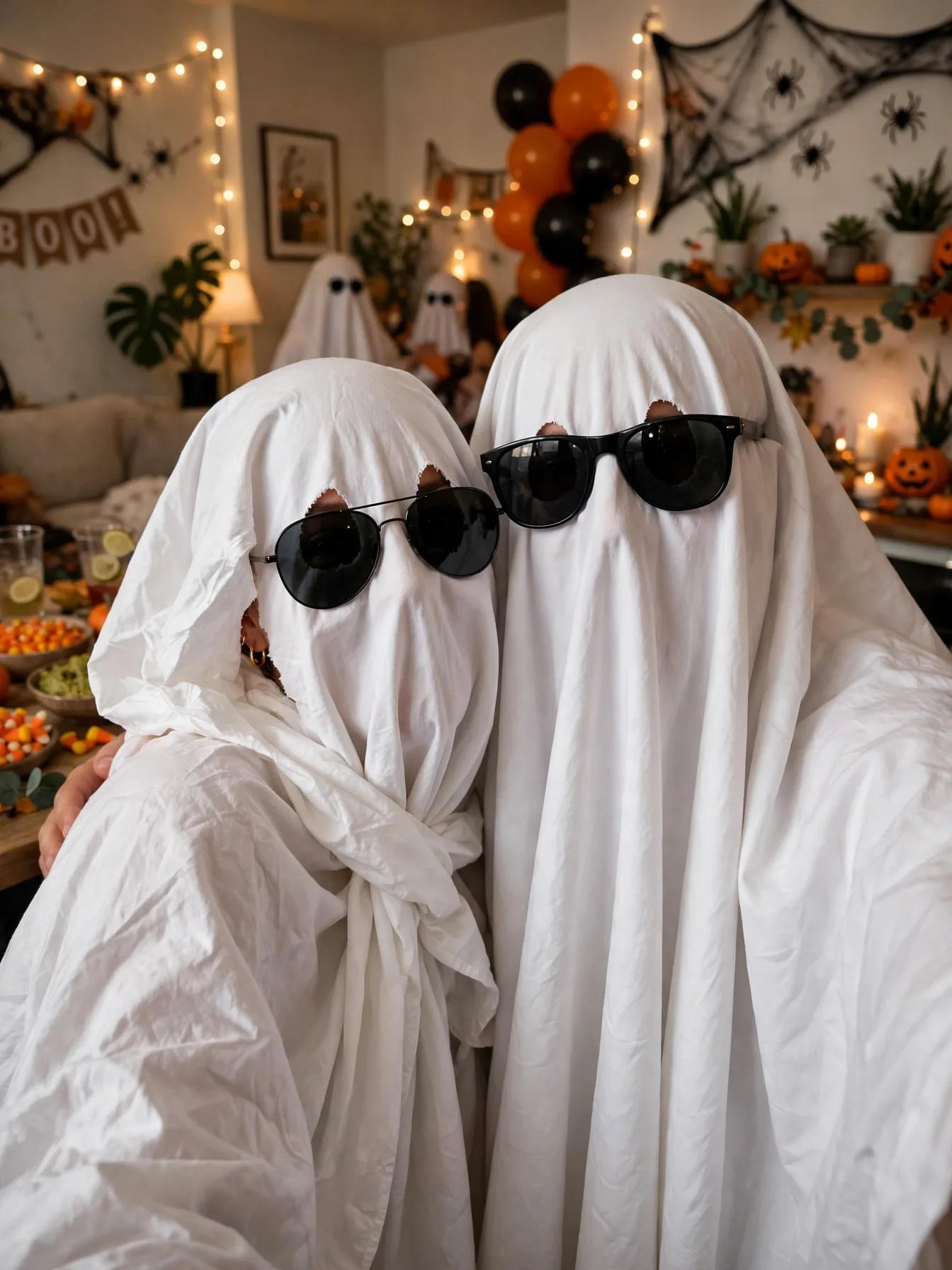 A cute ghost couple in white sheets wearing cool sunglasses indoors.