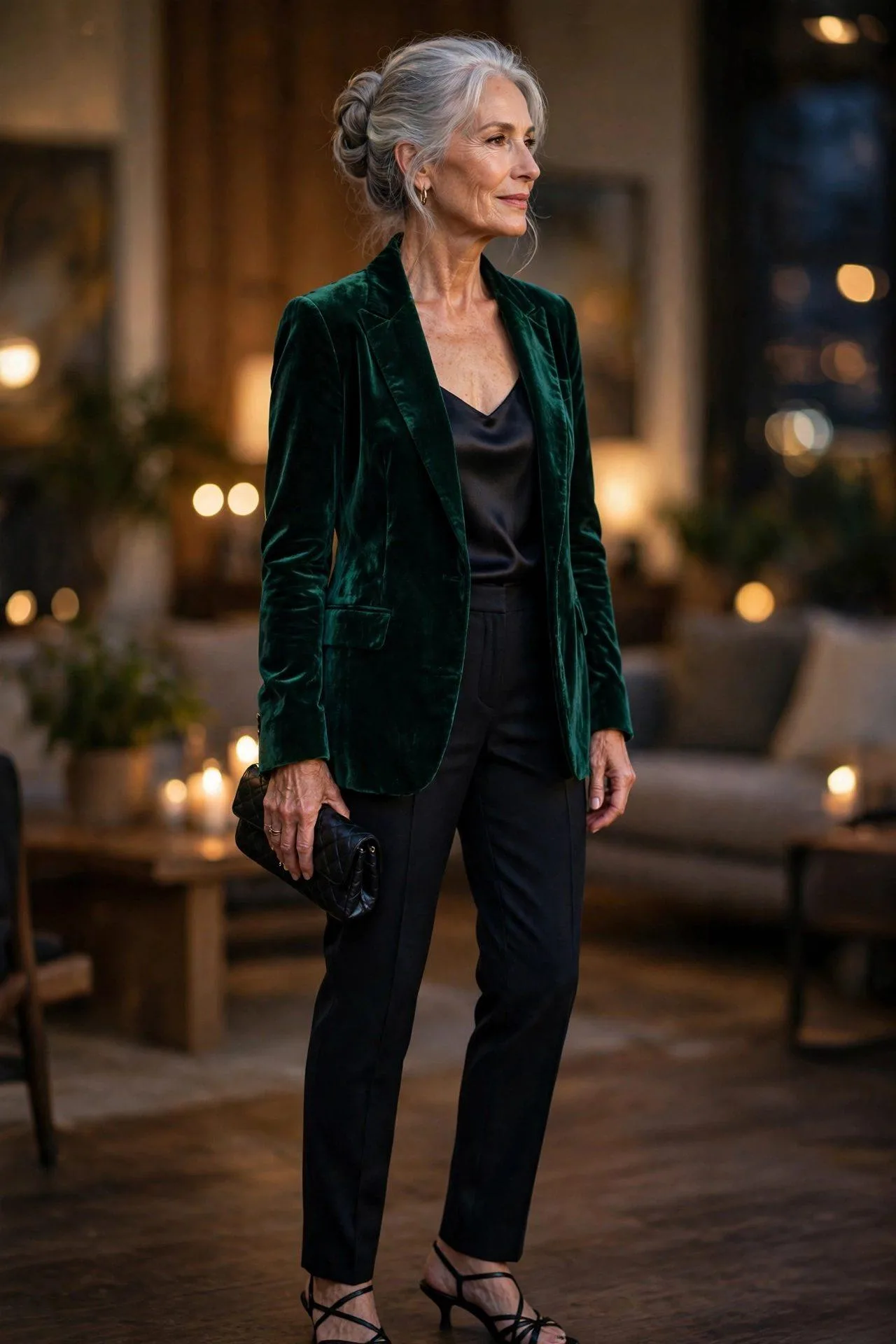 Luxurious green velvet jacket over dark satin top for evening