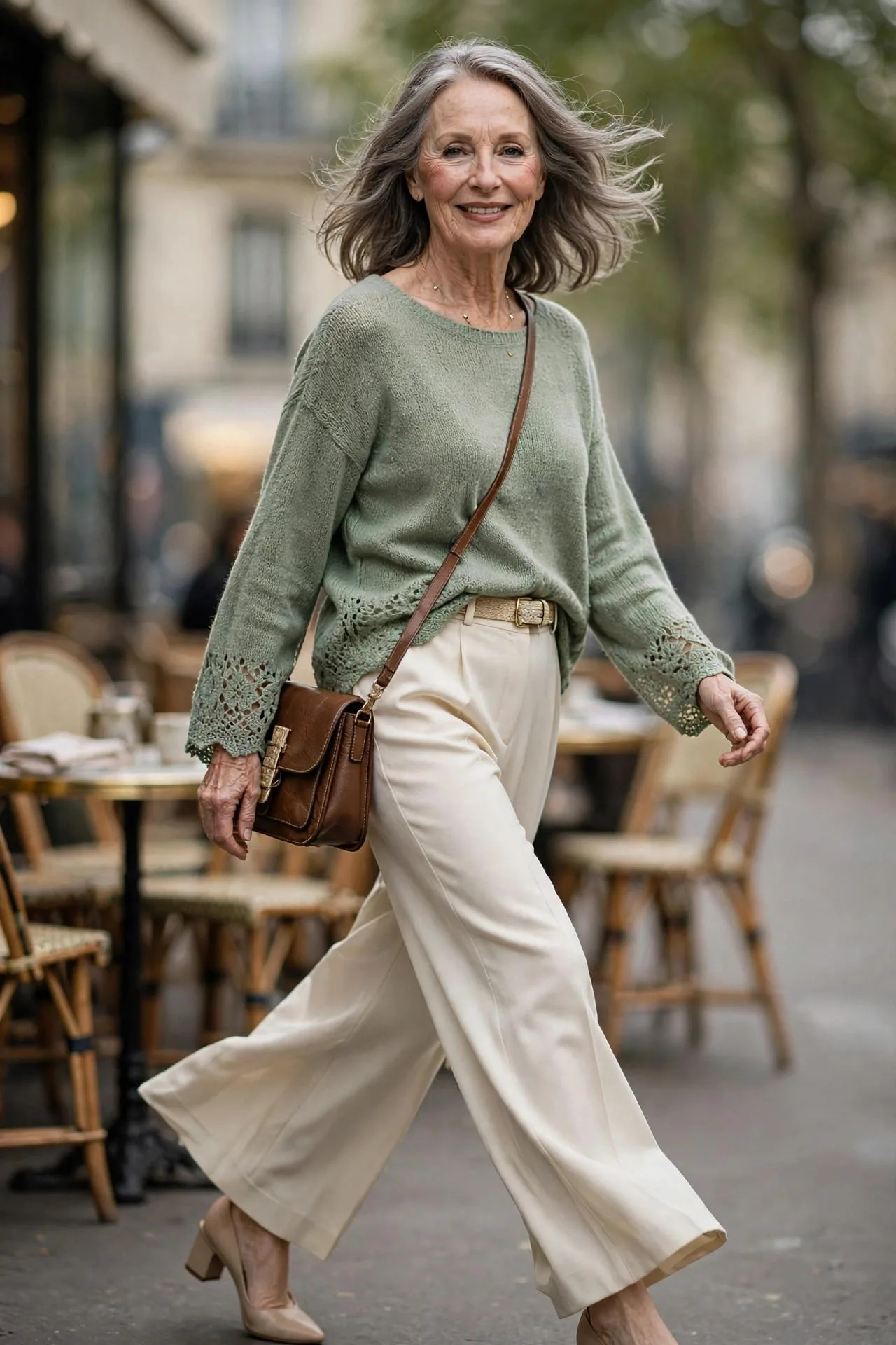 Elegant 62-year-old woman walking attentively through a Parisian café sidewalk scene.