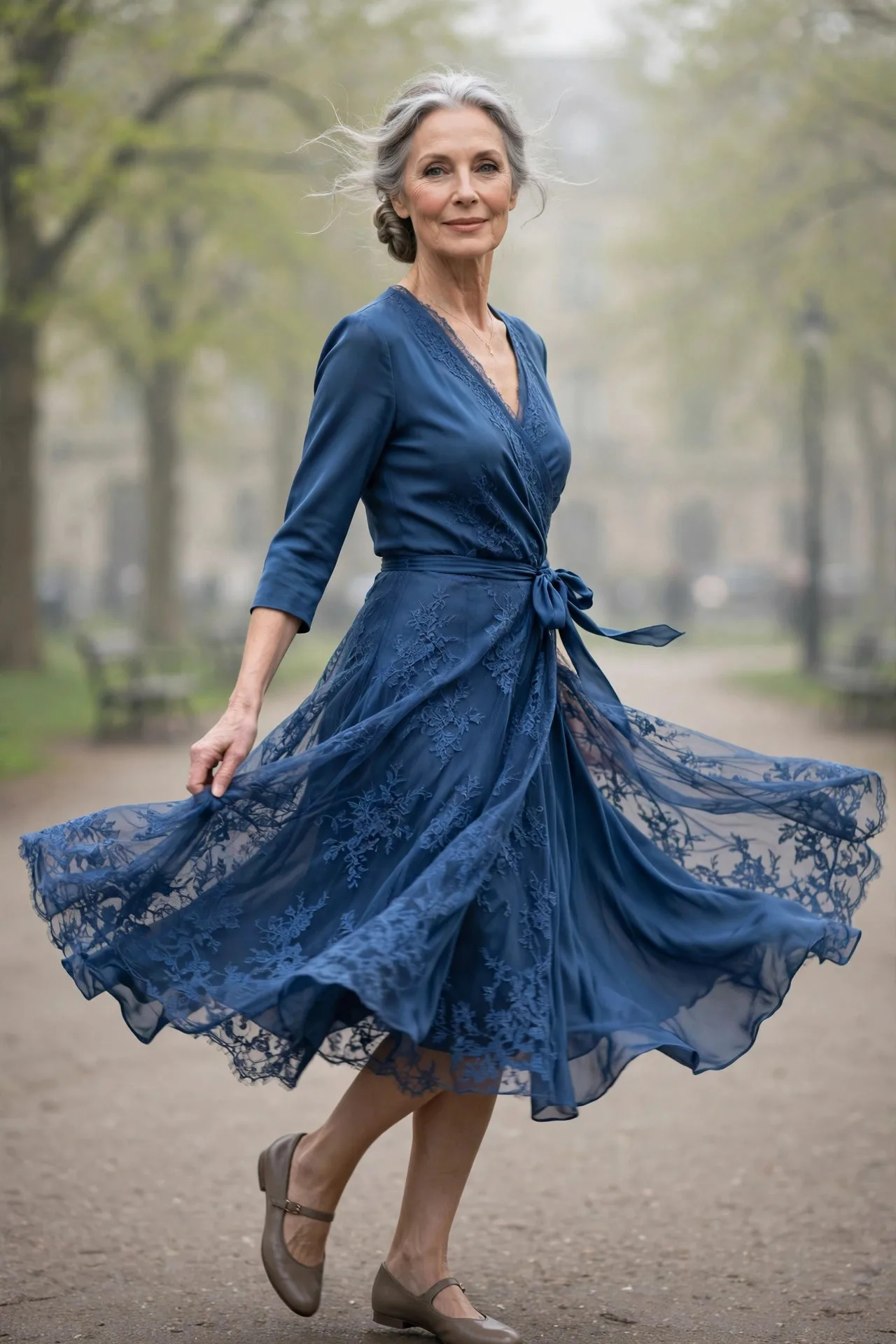 Sapphire Wrap Secret — A sapphire-blue silk-crepe wrap midi dress with three-quarter sleeves and a true wrap tie at the natural waist, paired with taupe Mary Janes.