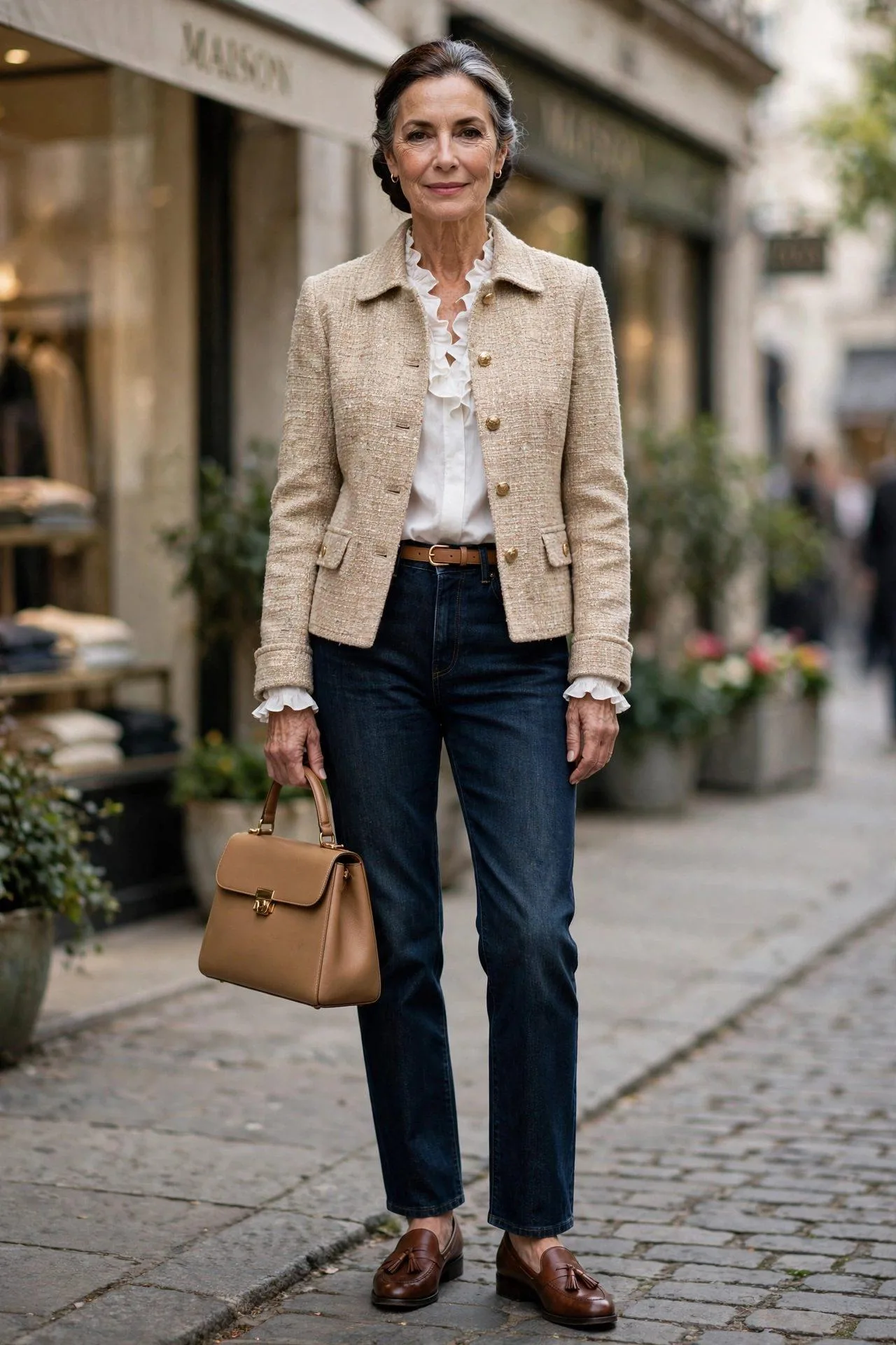 Mature woman in her late 50s in a beige tweed jacket with gold-tone buttons over a white ruffle-neck blouse with dark jeans, a tan belt and brown tassel loafers.