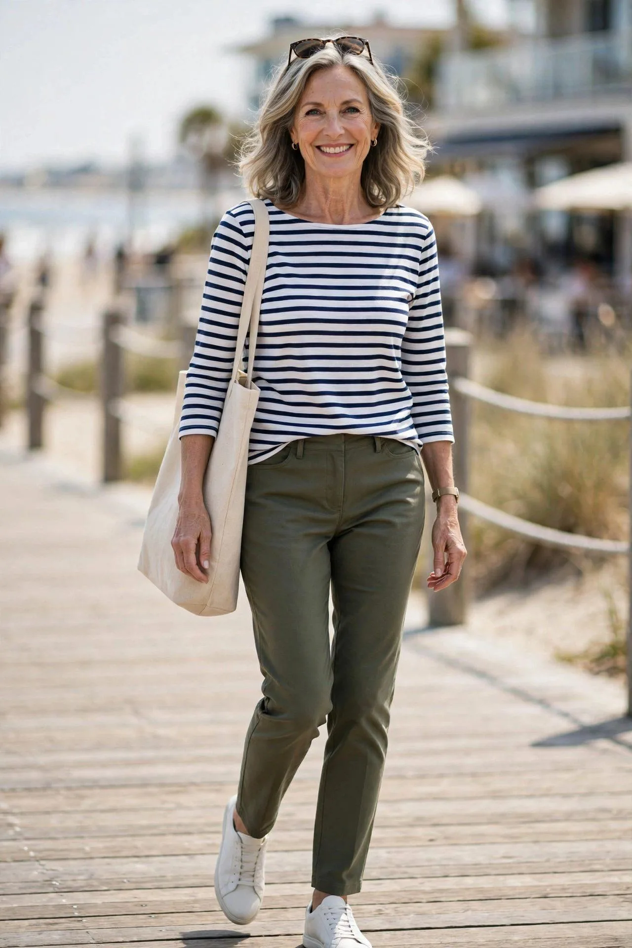 Energetic older woman sporting olive pants, striped top and white sneakers