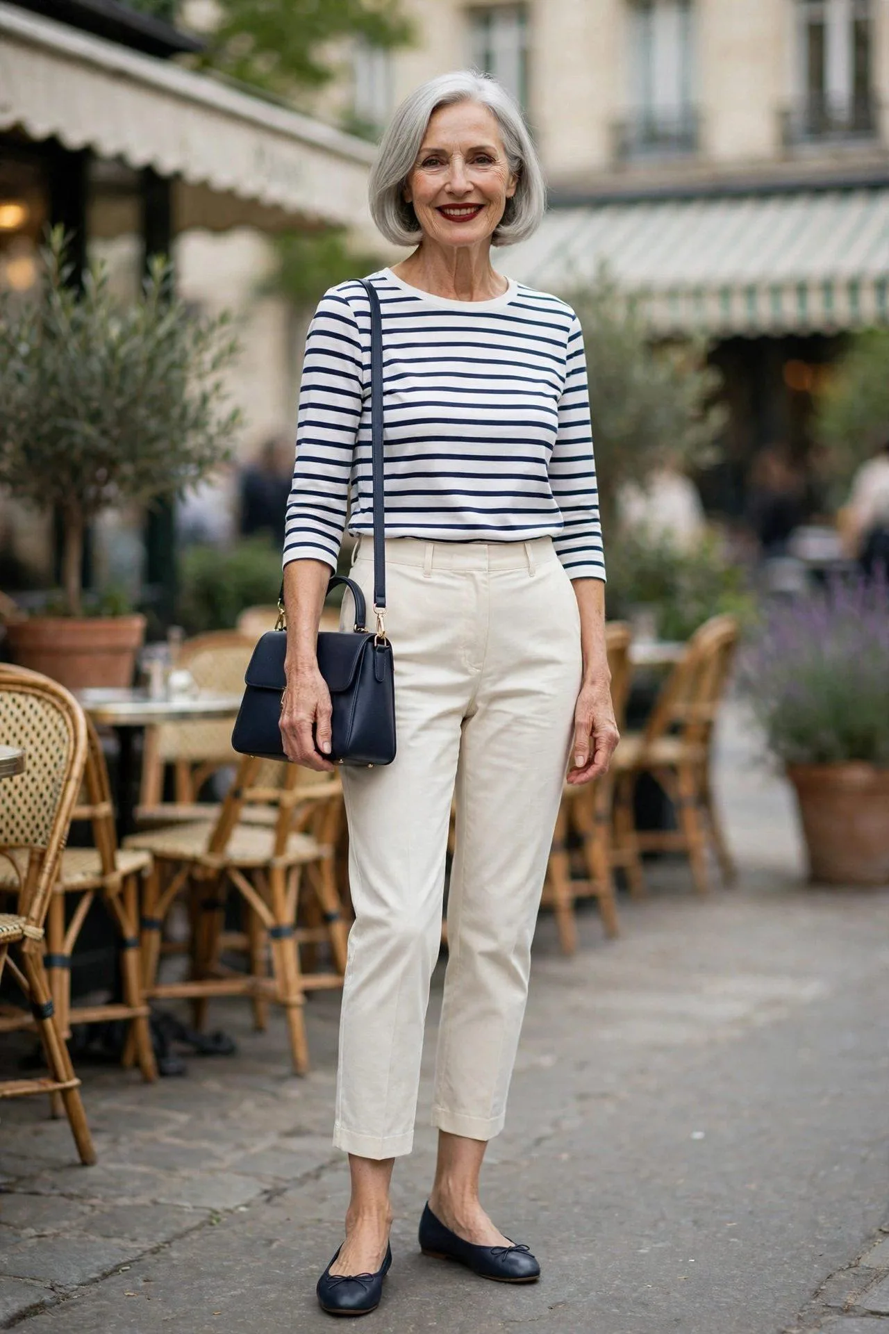 Petite silver-haired woman with a ideally scaled navy handbag positioned at the hip near a bistro.