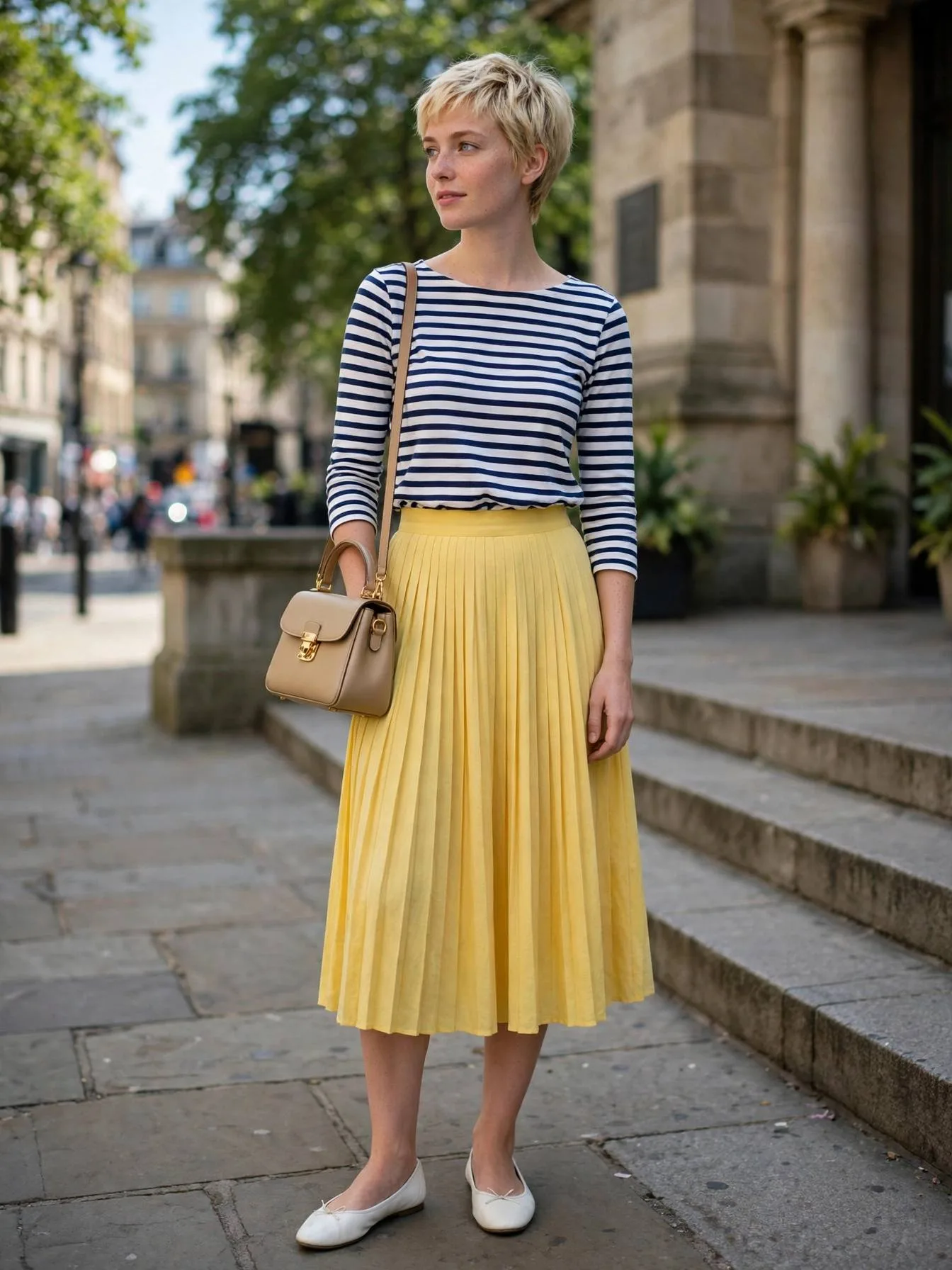 Woman in a yellow pleated midi skirt with a striped top.