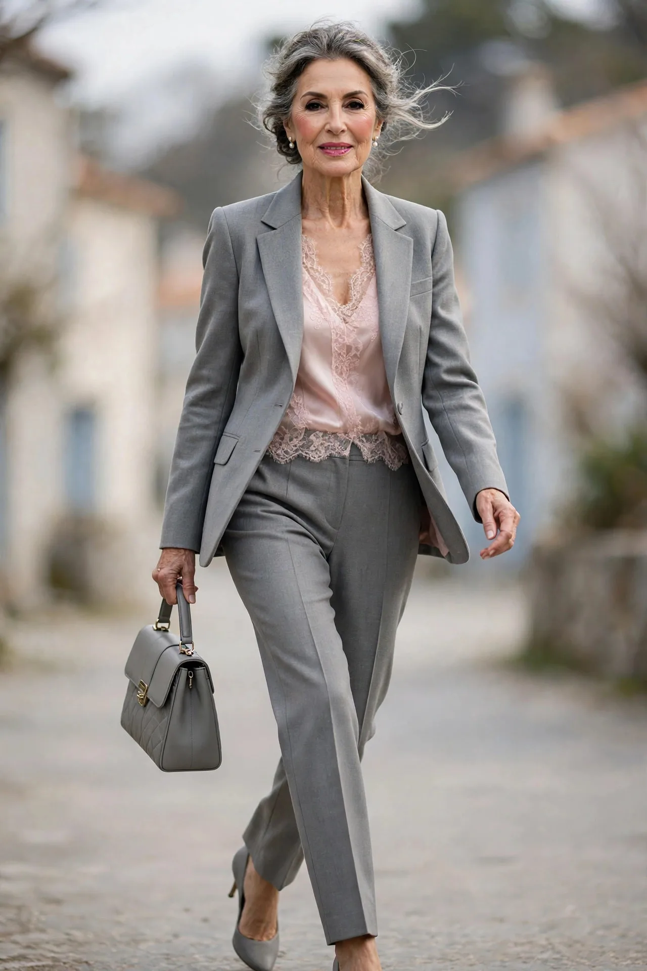 Silver-Fox Pantsuit — A dove-grey tailored pantsuit — single-breasted blazer and straight-leg trousers — over a blush silk shell, with low kitten-heel pumps.