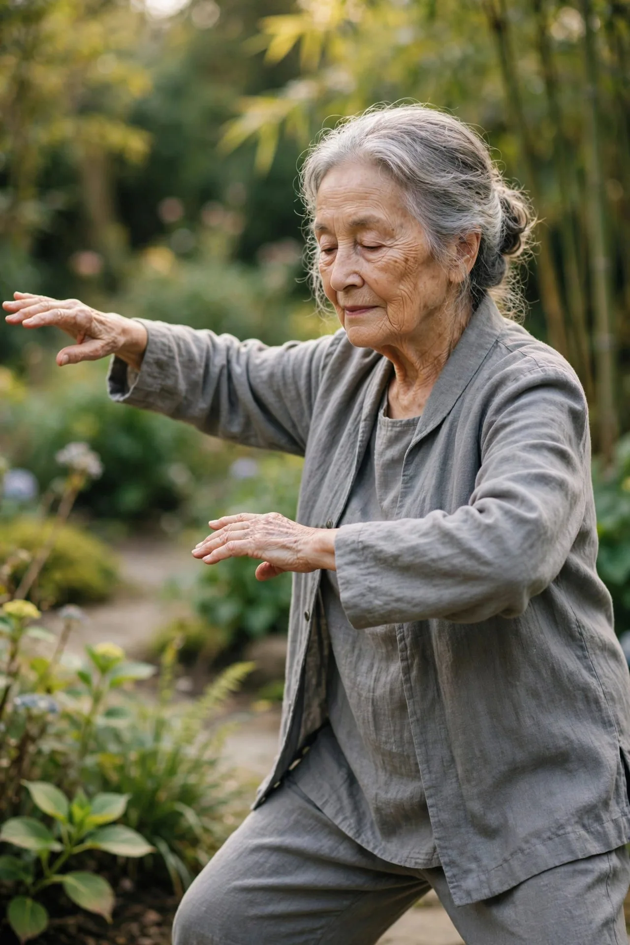 Older woman meditating calmly on her porch at golden hour.