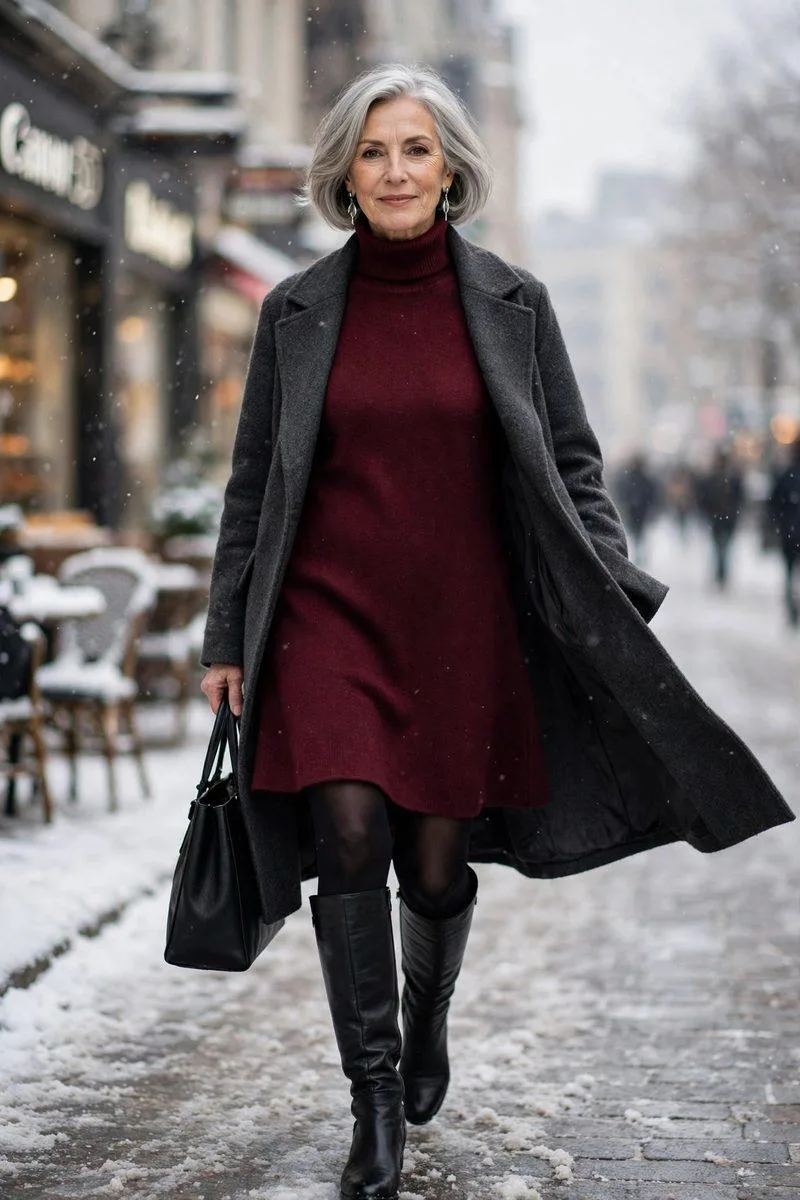 Commanding woman in her early 60s with a silver bob in a burgundy knit turtleneck dress, tights and charcoal wrap coat