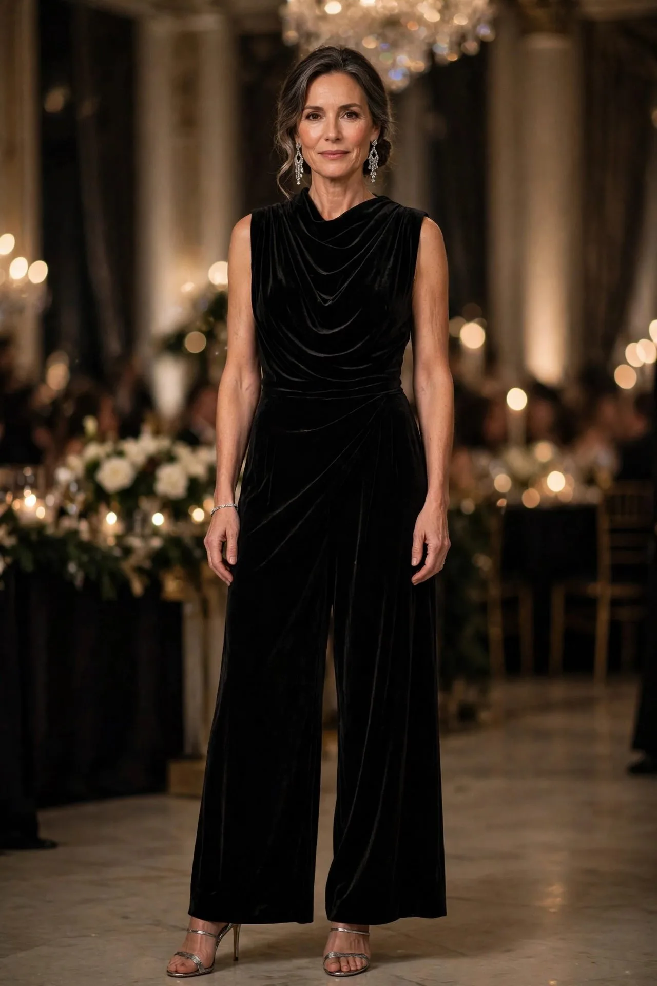 Woman in black velvet palazzo jumpsuit
