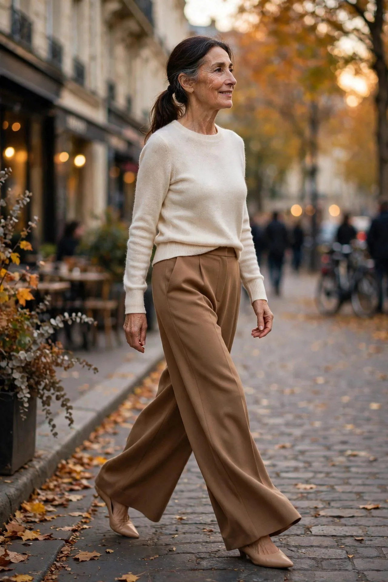 Mature lady in flowing camel wide-leg pants with soft cream sweater tucked in