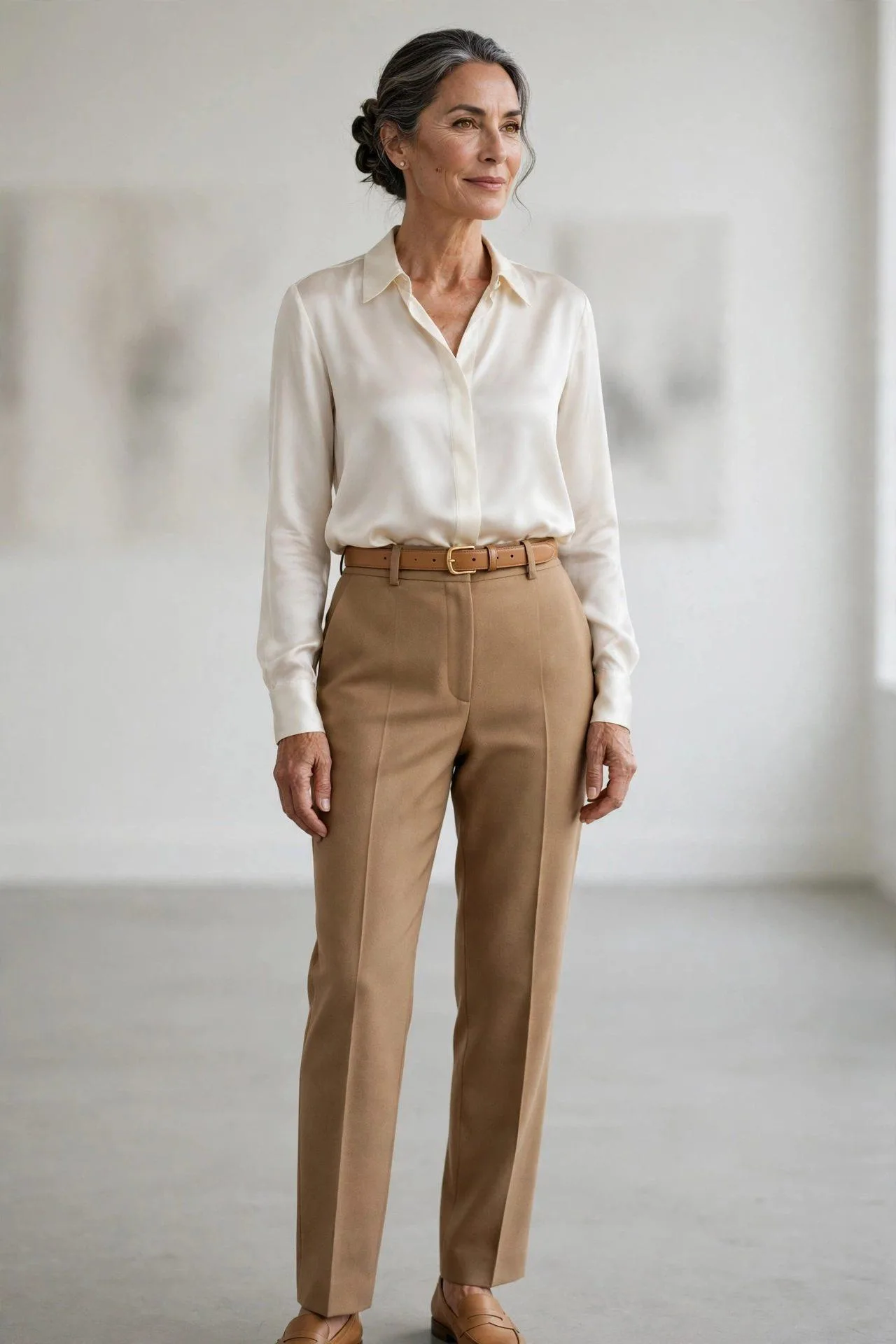 Chic mature woman fastening a narrow caramel leather waist belt with a shiny clasp over tan trousers and a champagne top.