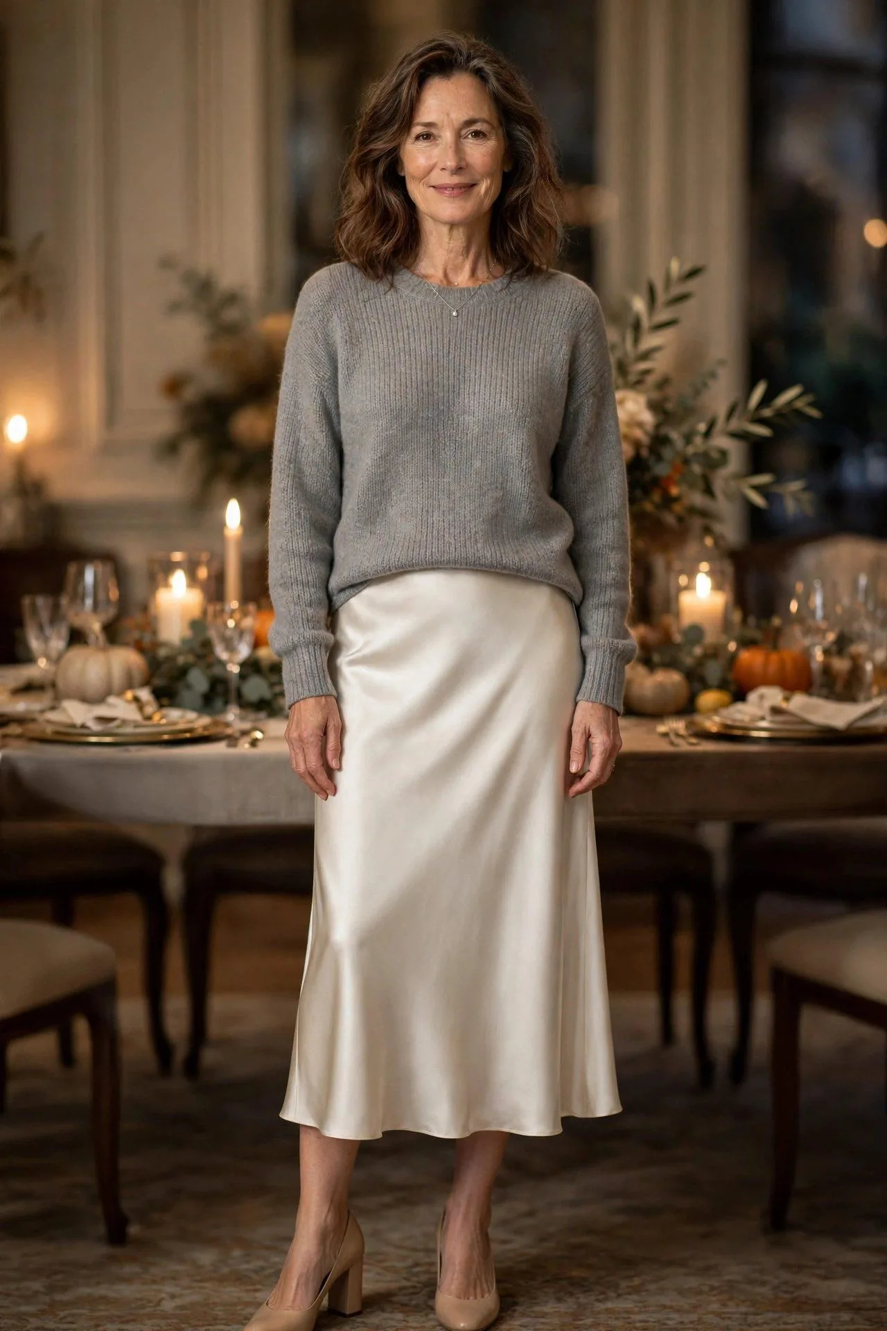 Woman over 50 in gray sweater and ivory satin skirt.