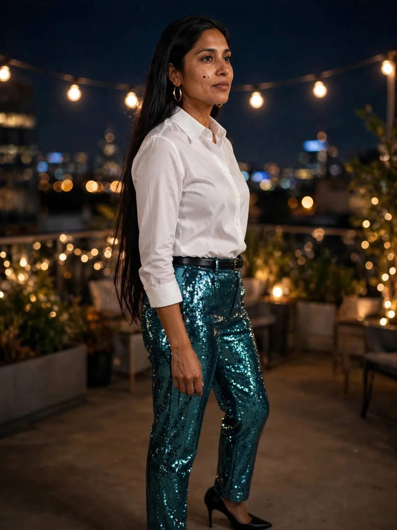 Woman in sequined trousers and white blouse at a rooftop party.