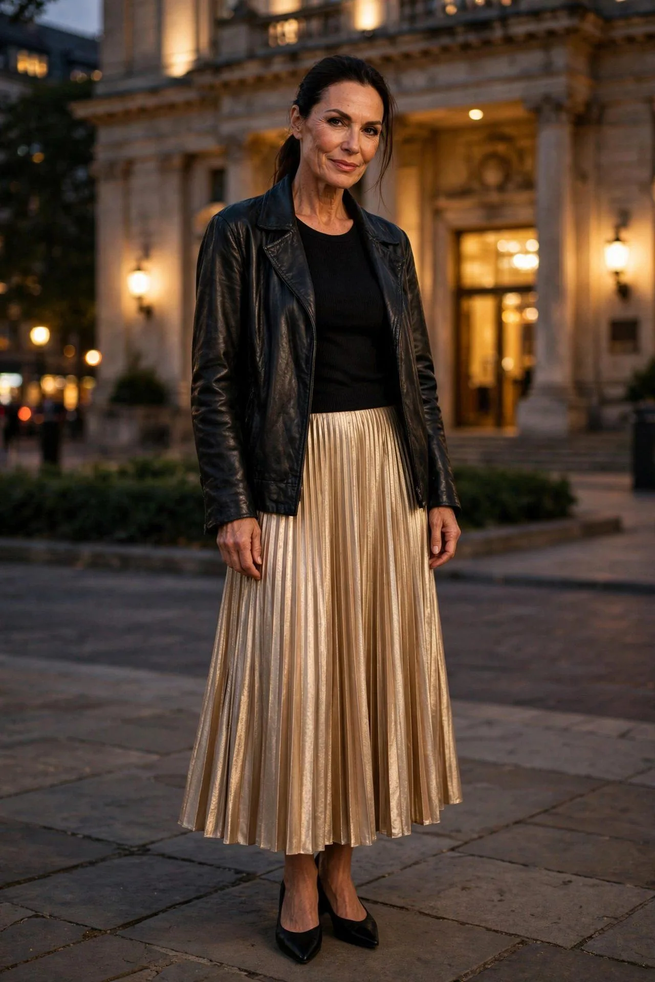 Leather Jacket + Pleated Midi Skirt