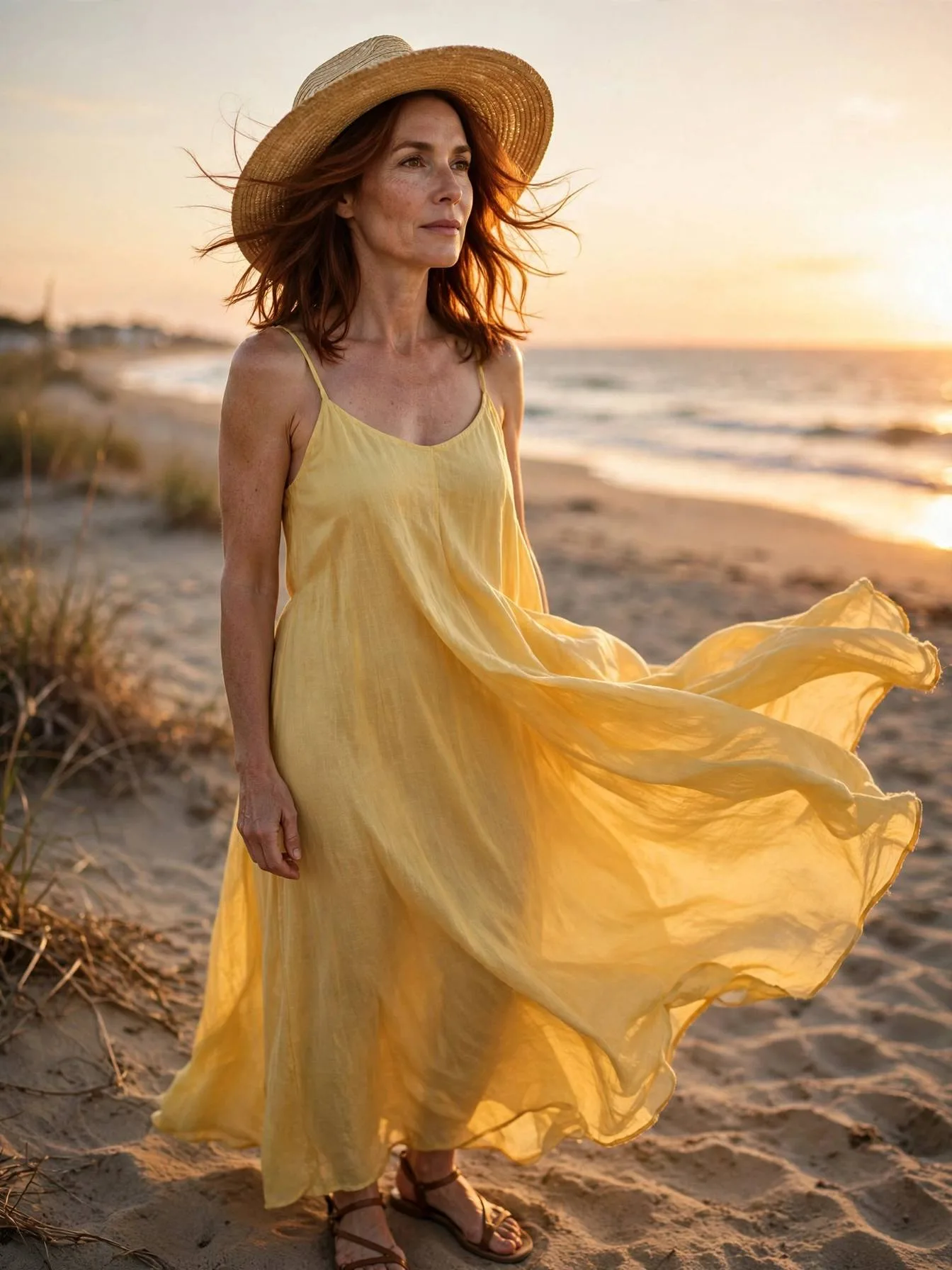 Woman in a flowing yellow maxi dress at sunset on vacation.