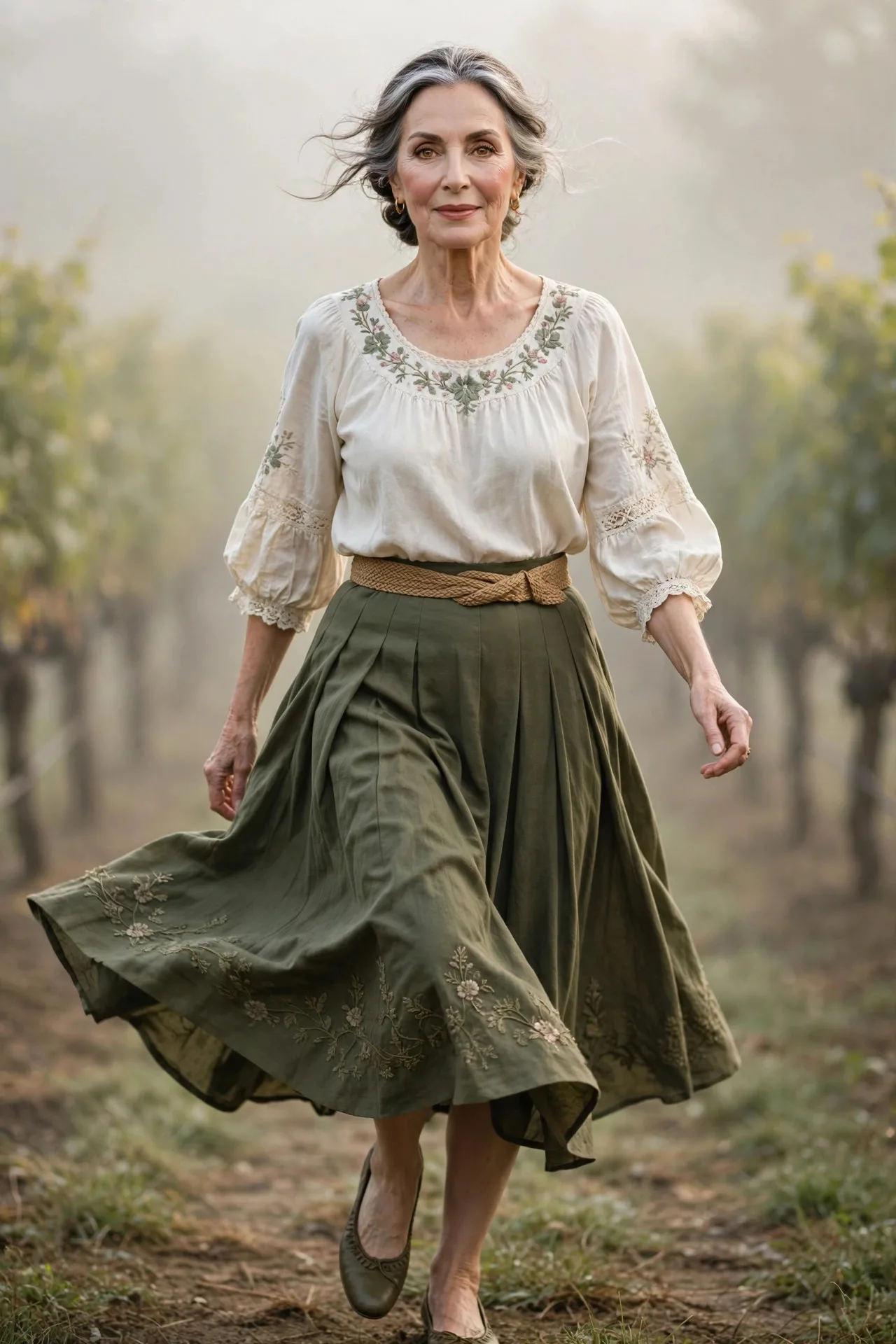 Old Photograph Blouse — A cream cotton peasant blouse with a hand-embroidered neckline, tucked into an olive knife-pleated midi skirt.