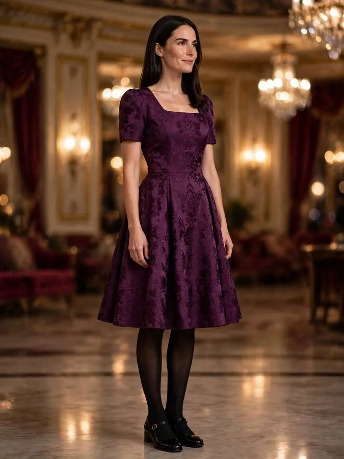 A woman in a plum jacquard fit-and-flare dress with tights.