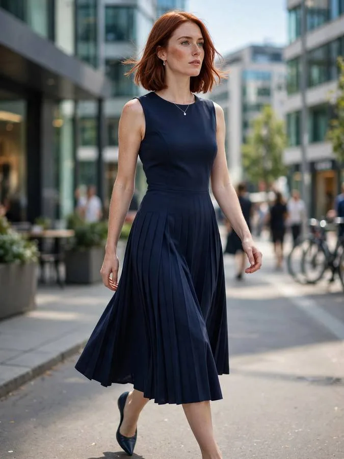 A woman wearing a navy pleated midi dress with pointed flats.