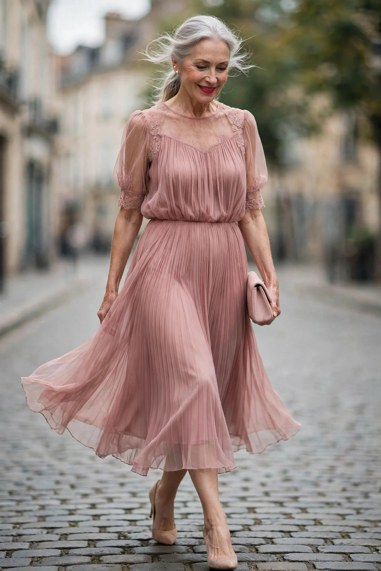 Smiling mature woman in dusty rose pleated chiffon midi dress outdoors