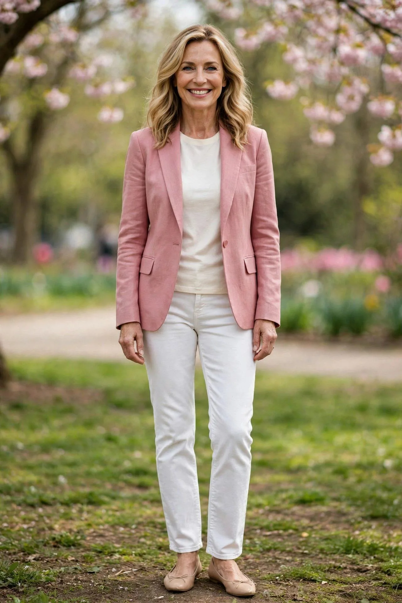 Soft rose jacket brightening white denim and light top