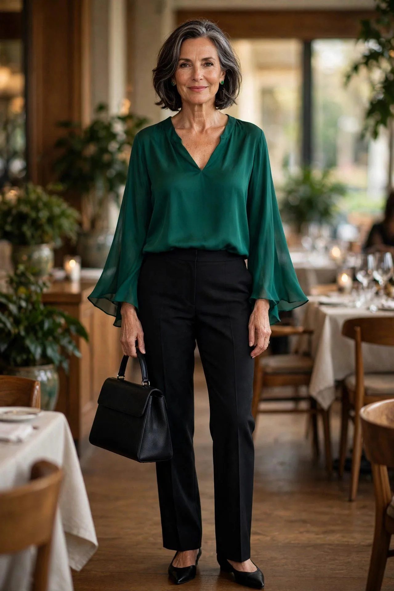 Classy mature lady in green silk V-neck blouse paired with black pants