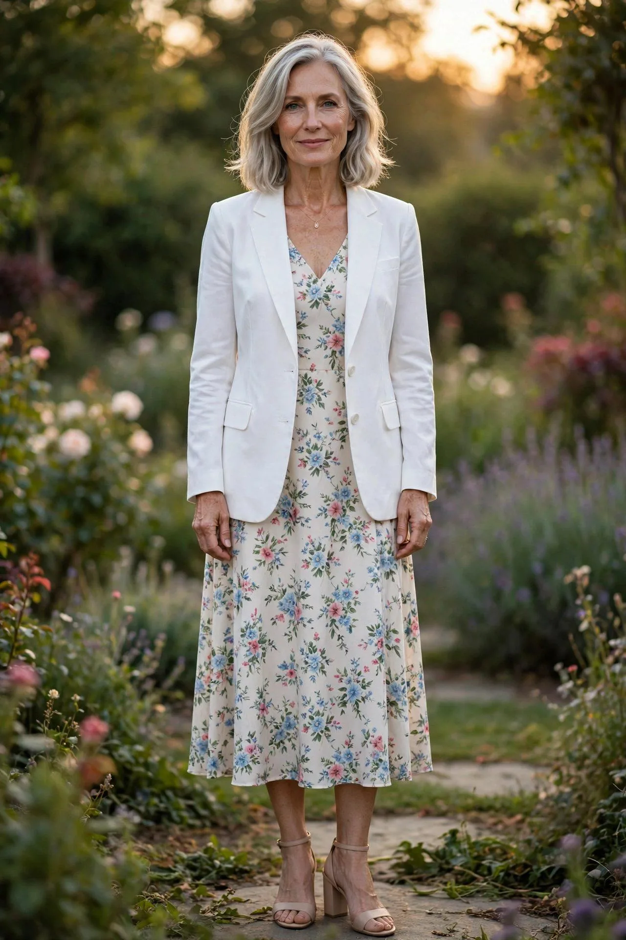 Graceful 50-plus woman in crisp white jacket over flowered midi dress