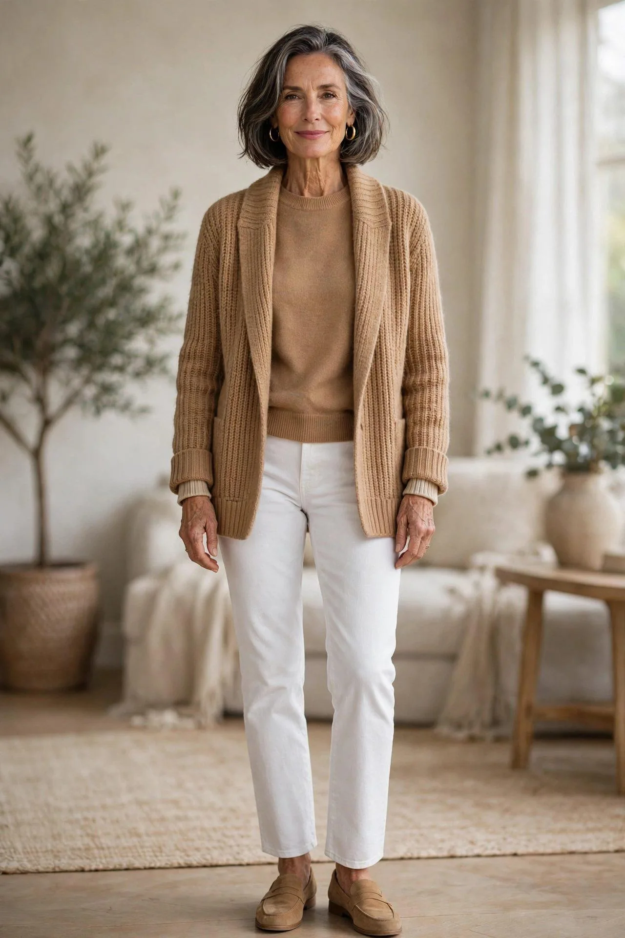 Silver-haired woman over 50 styled in white denim, camel knit layers and tan suede loafers.