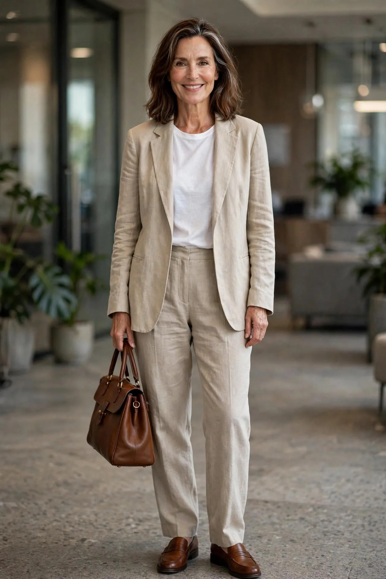 Professional older woman layering tan linen jacket over plain white tee