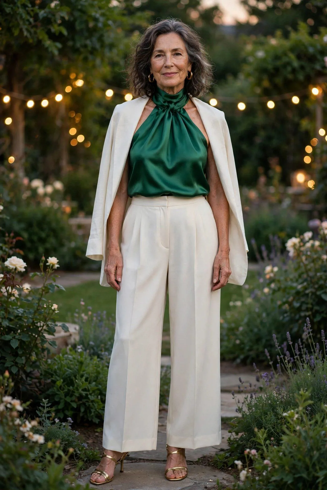 Silk Scarf as a Top + High-Waist Trousers