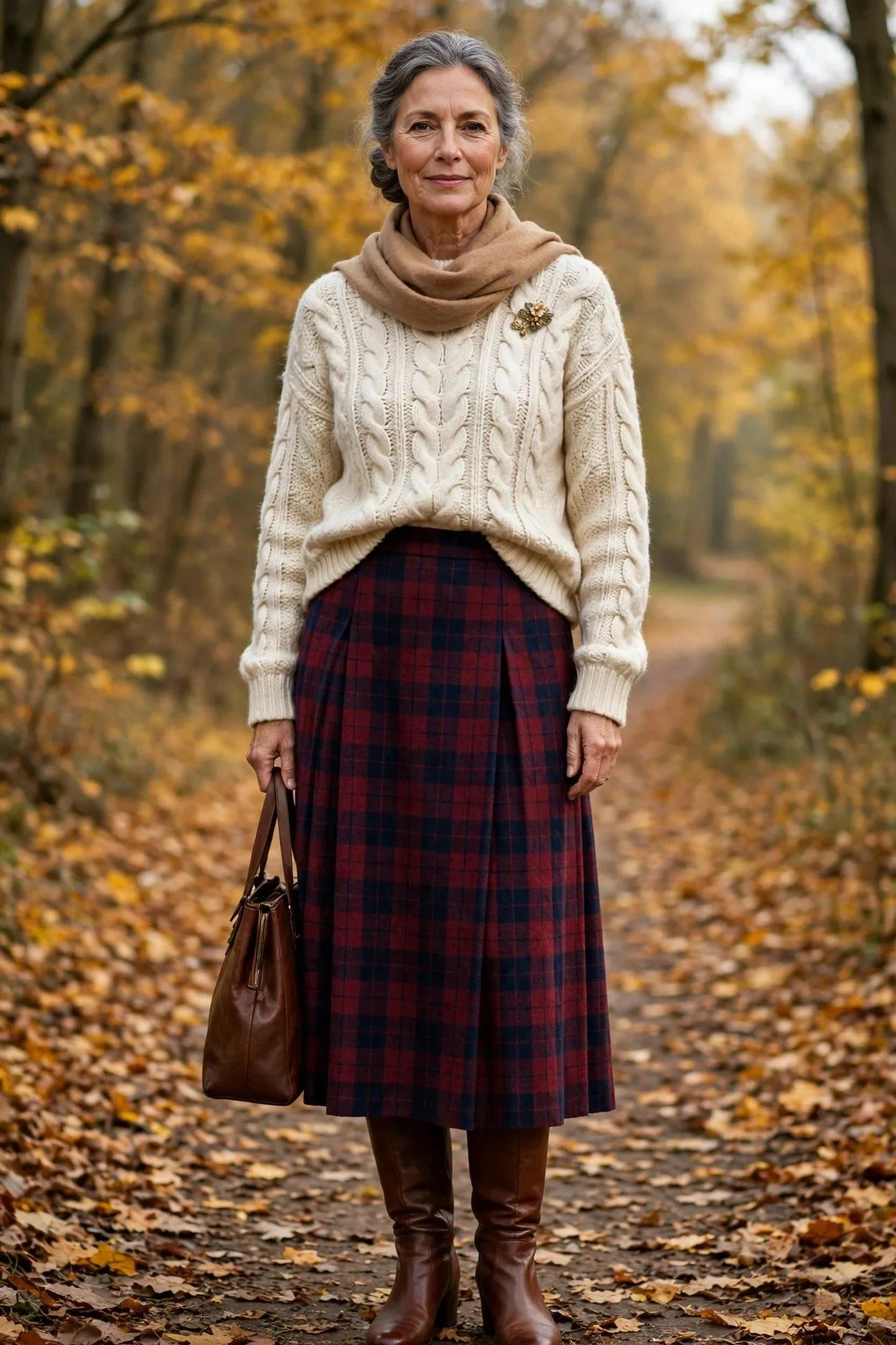 Elegant woman in her late 50s wearing a cream cable-knit pullover with a burgundy-and-navy plaid wool skirt, brown knee-high boots, a camel scarf and a gold brooch.