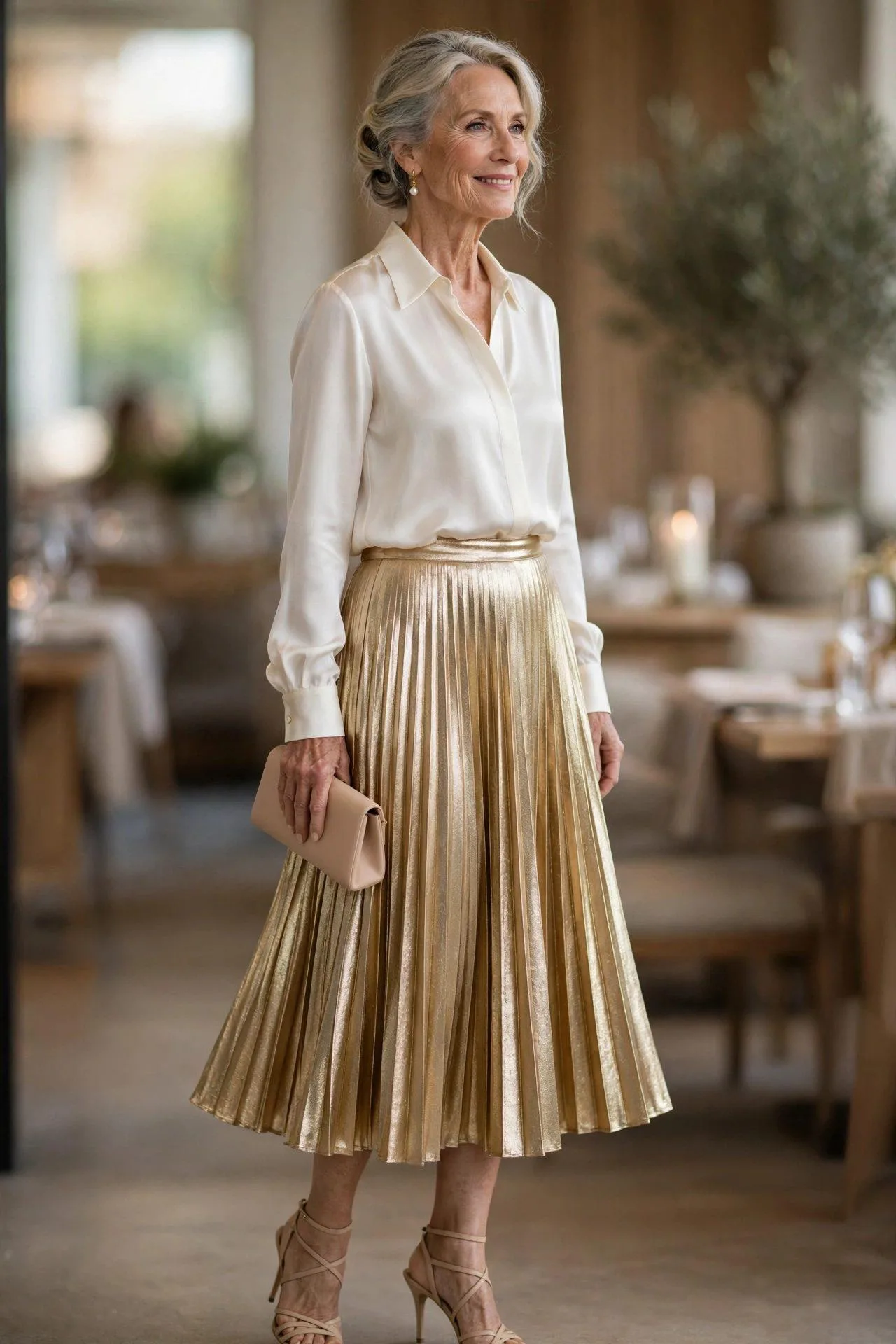 Mature guest in a shimmering gold pleated skirt paired with an ivory silk blouse
