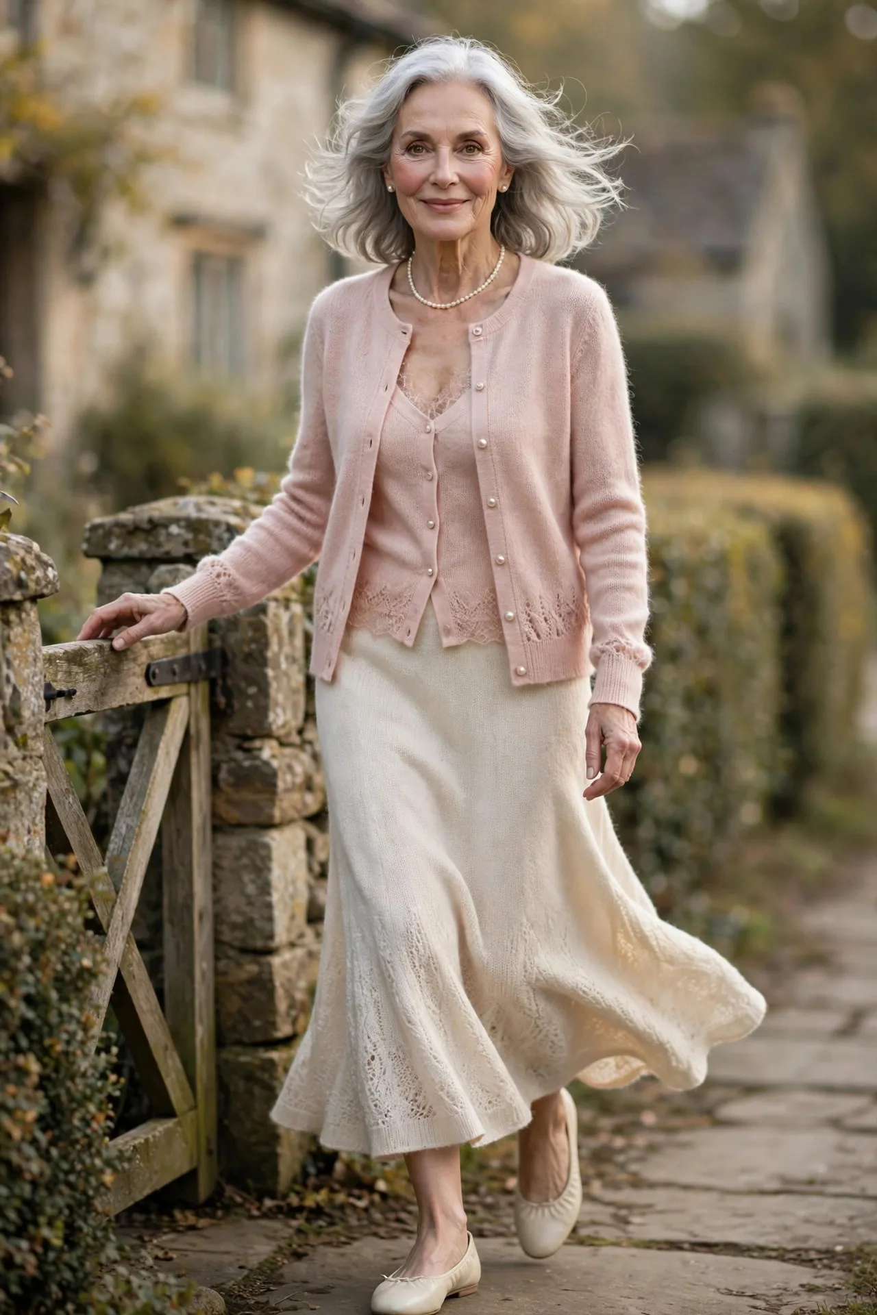 Porch Swing Twinset — A blush-pink fine-knit twinset — button-front cardigan with pearl buttons over its matching shell — with a cream knit midi skirt.