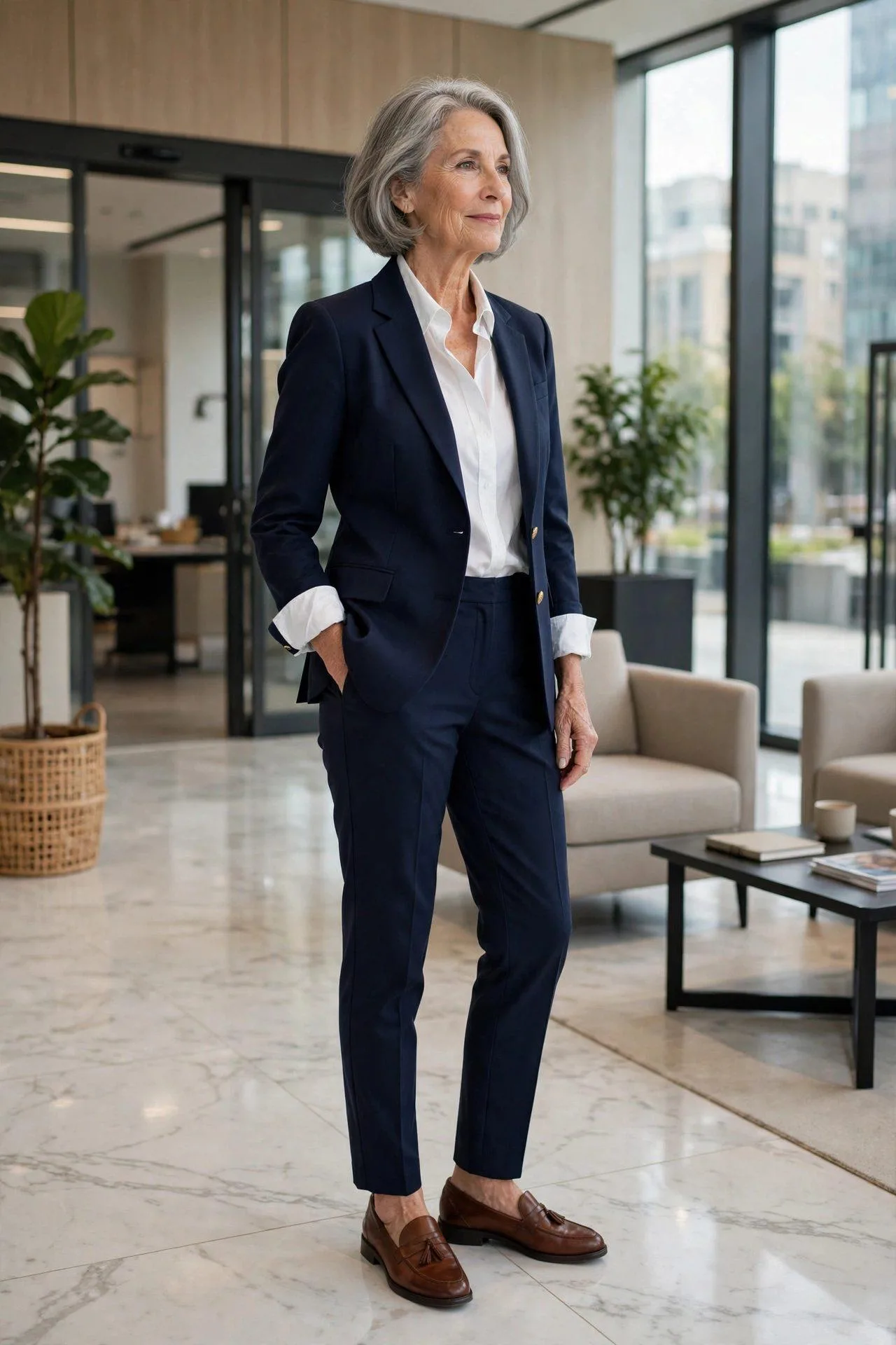 Classy Navy Blazer + White Shirt + Trousers