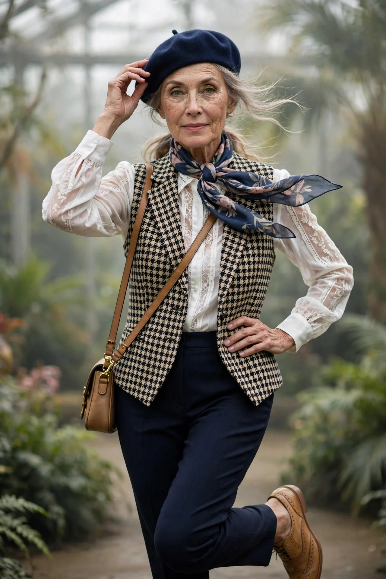 Scholar Vest Layers — A tailored houndstooth waistcoat over a crisp white blouse with slim navy trousers, finished with leather brogues and a silk scarf.