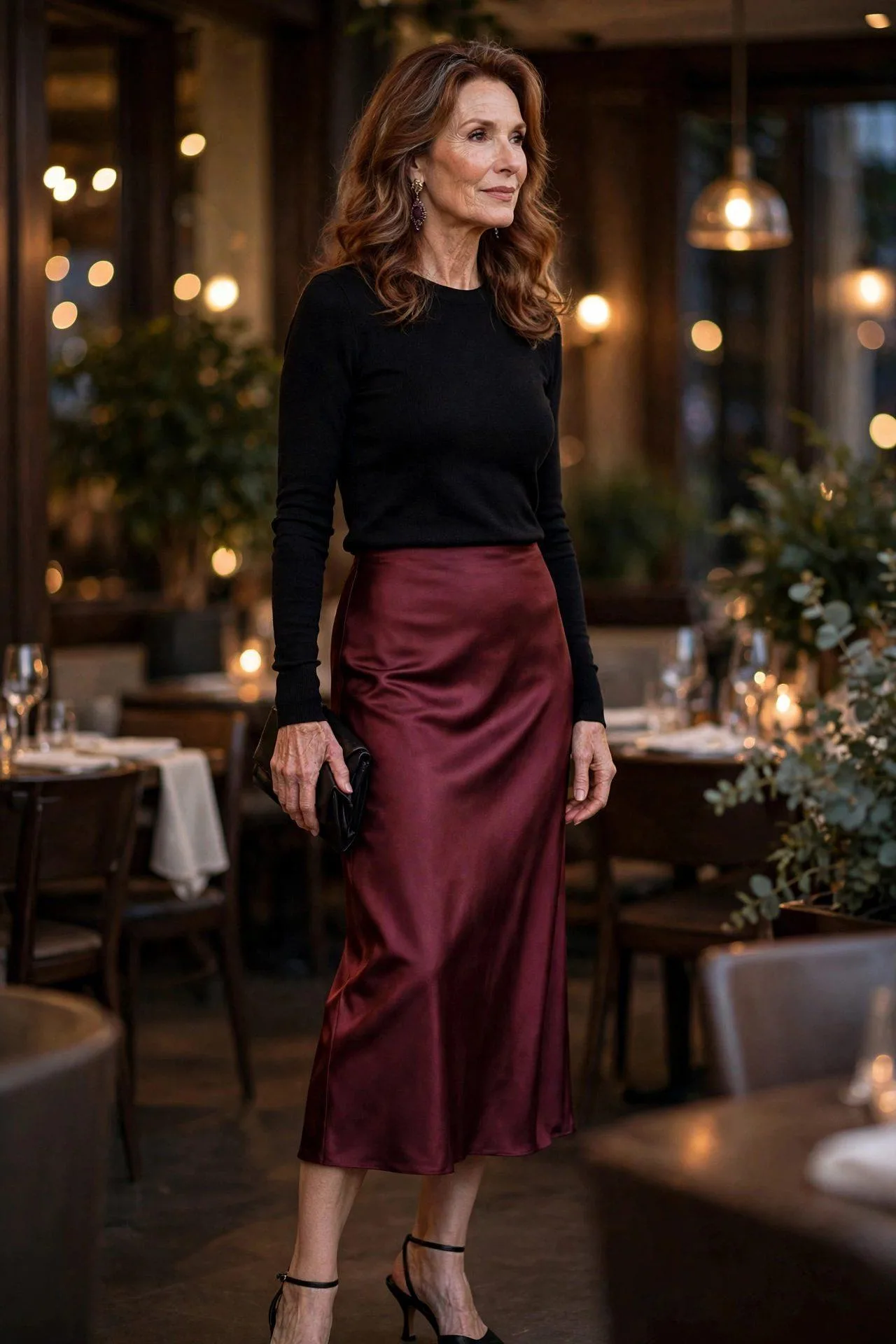 Sophisticated woman in burgundy slip midi skirt for evening.