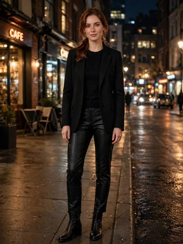 Black blazer styled with black leather trousers, knit top and ankle boots at night.