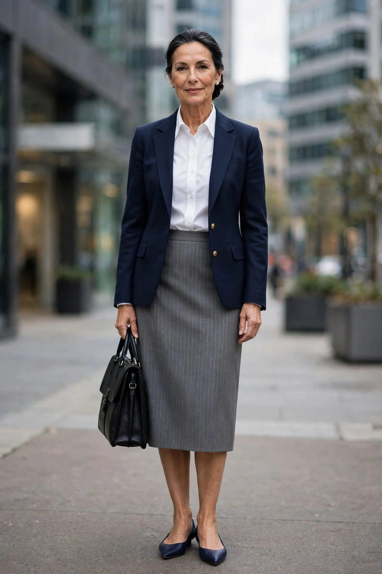 Professional woman in pinstripe midi skirt and navy blazer.