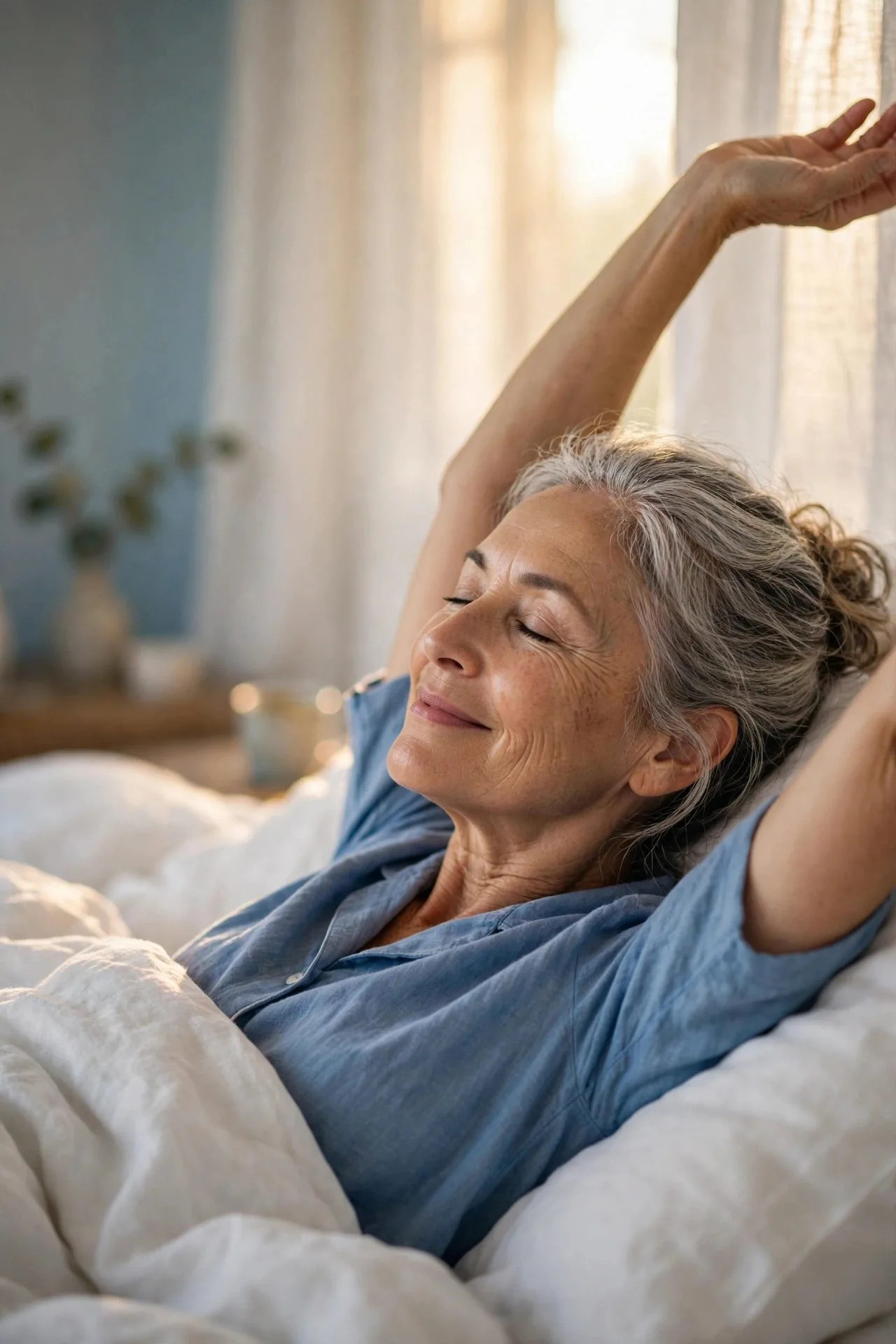 Peaceful senior woman sleeping restfully in comfortable bright bedroom