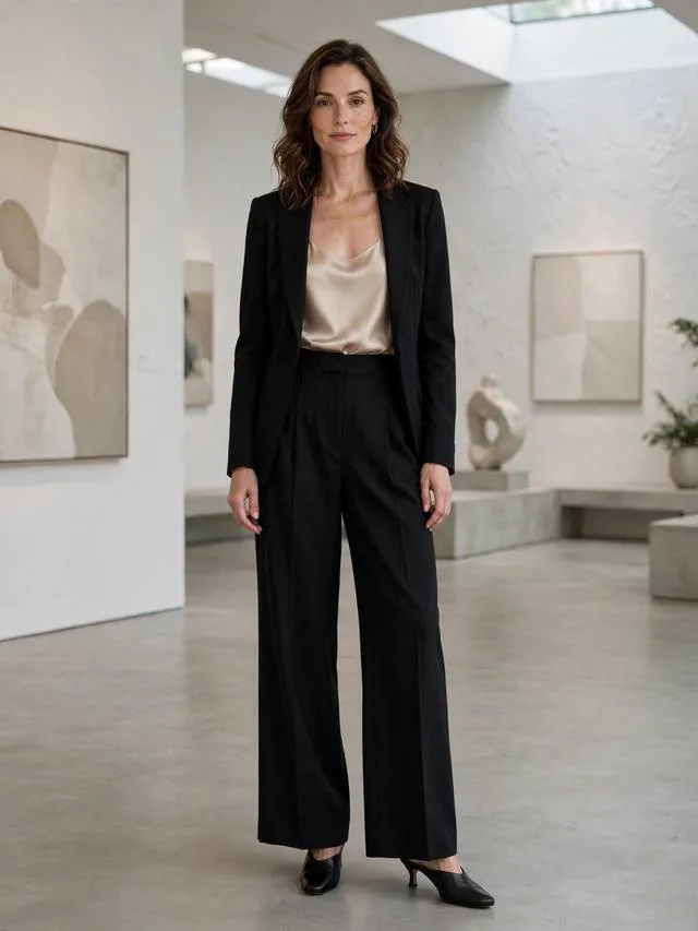 Black blazer with champagne silk camisole, wide-leg trousers and heeled mules.