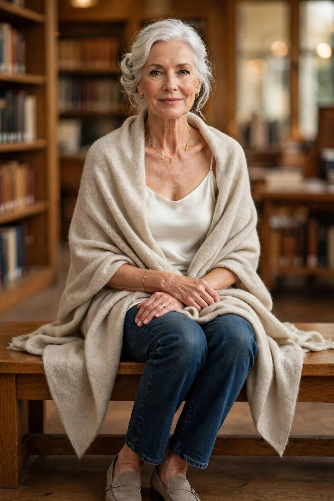 Tranquil 60s woman wrapped in cashmere shawl over dark jeans in cozy library setting