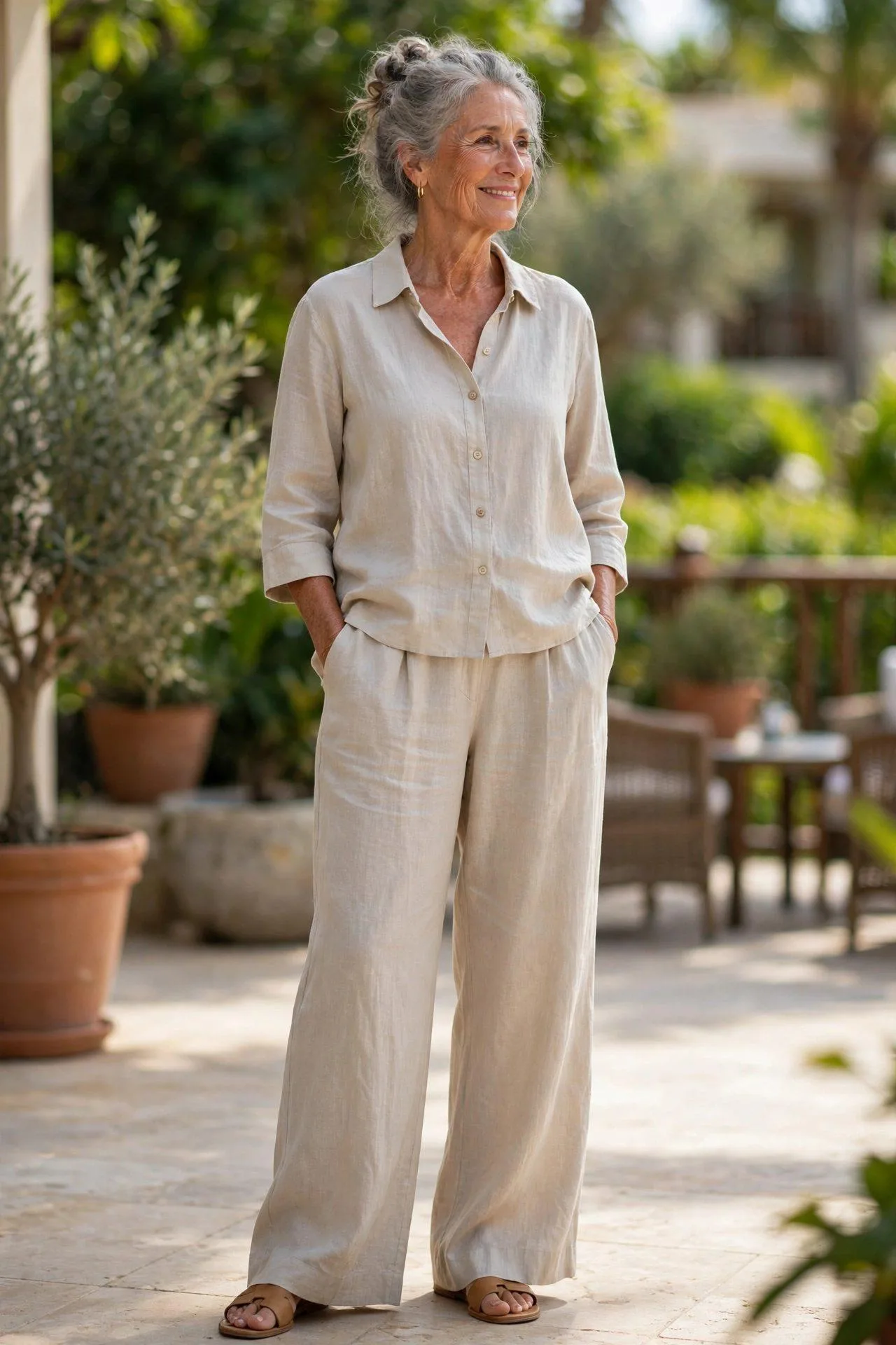 Easy elegance: mature woman in natural linen co-ord set