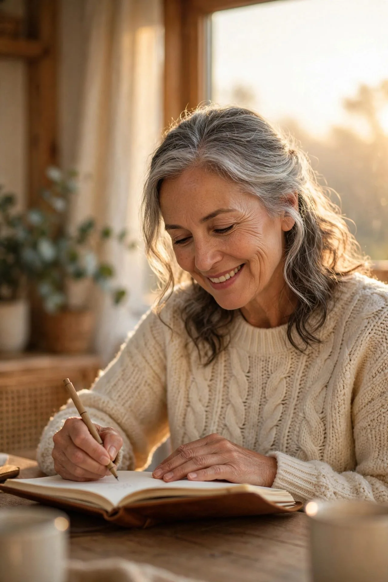 Older woman journaling gratitude in a cozy sunlit bedroom morning