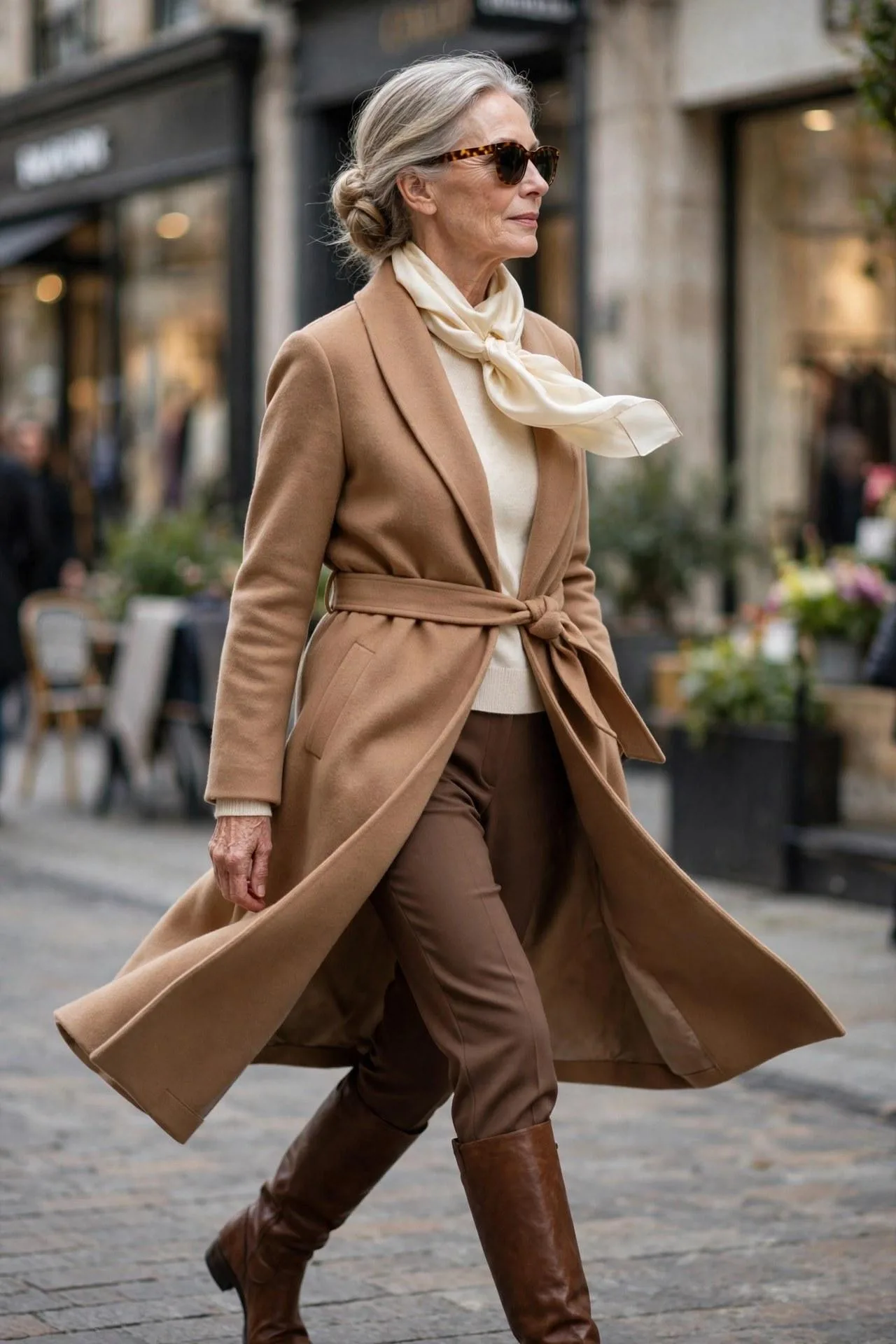 Chic older woman walking in a tan wrap coat, ivory sweater and brown trousers — timeless wardrobe essentials styled with quiet chic style.